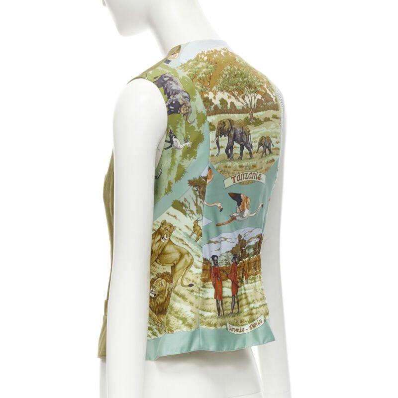 Women's HERMES Vintage tan brown suede eather Tanzanie animal silk back vest FR40 M For Sale