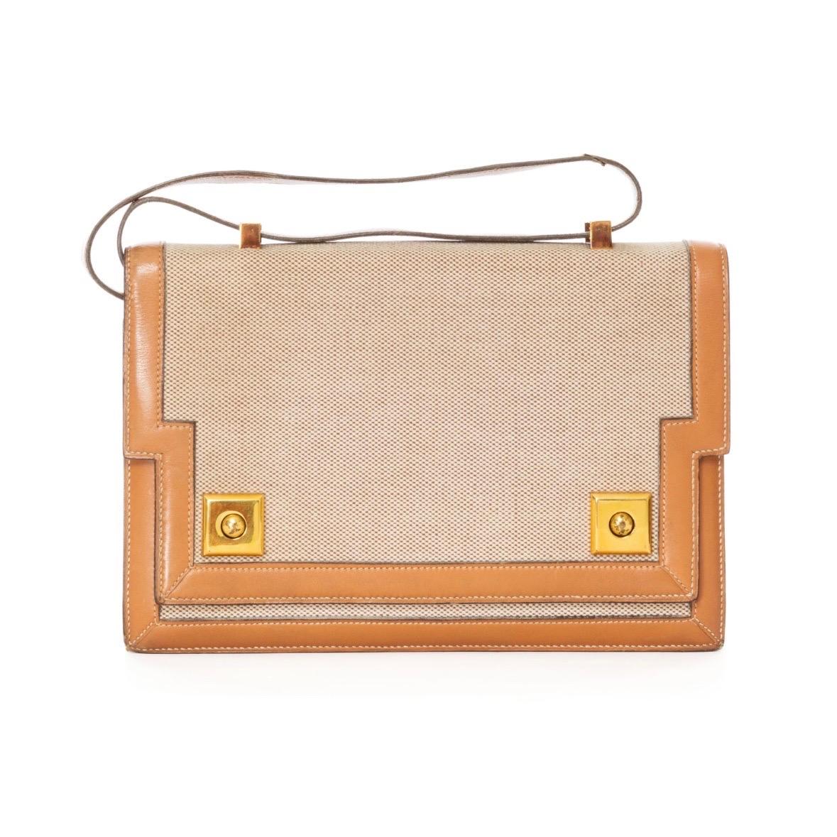 Women's or Men's Hermès Vintage Tan Leather and Canvas Piano Shoulder Bag (Circa 1960s)