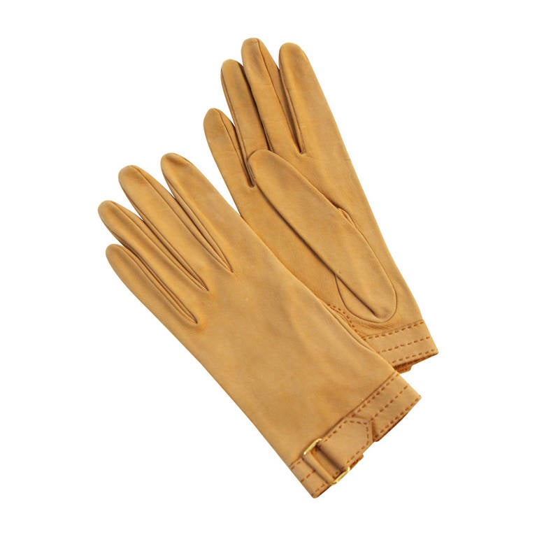 Guanti Hermes Vintage in pelle Tan con fibbia al polso taglia 7