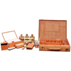 HERMES VINTAGE Tan Leather TRAVEL GROOMING SET w/ Silver TOILETRY Pieces