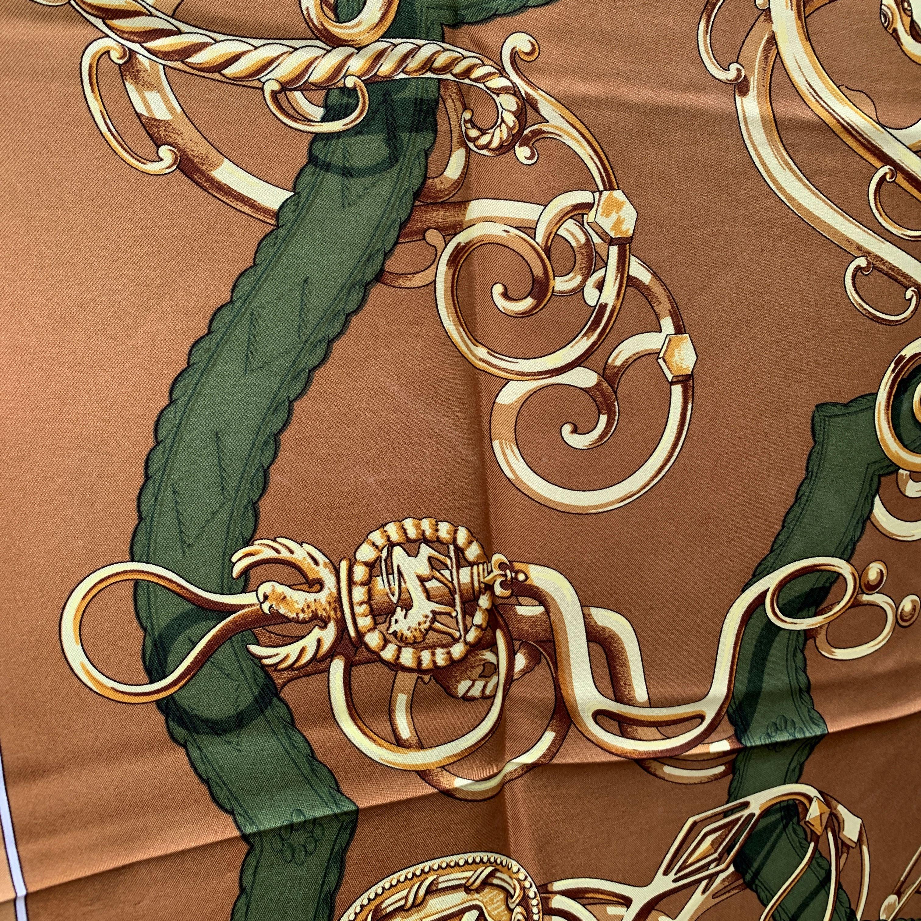 Hermes Vintage Tan Silk Scarf Profile Selliere 1974 Maurice Guillemot In Good Condition For Sale In Rome, Rome