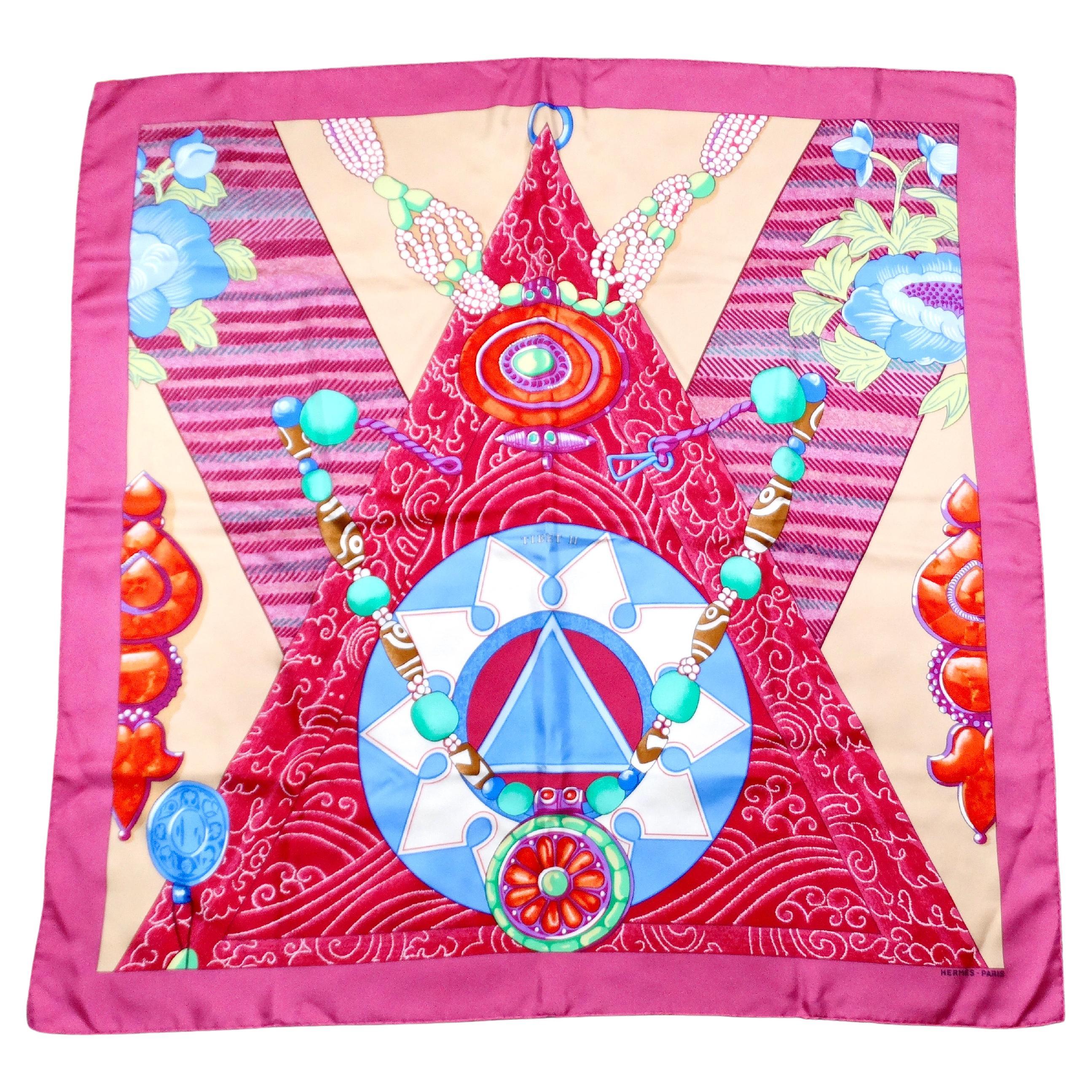 Hermes Vintage "Tibet II" 90 cm Fuchsia Printed Silk Scarf For Sale