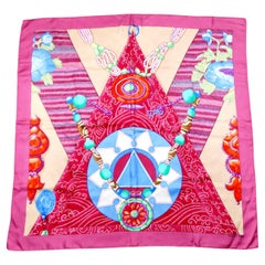 Foulard en soie imprimée fuchsia Hermes Vintage "Tibet II" 90 cm