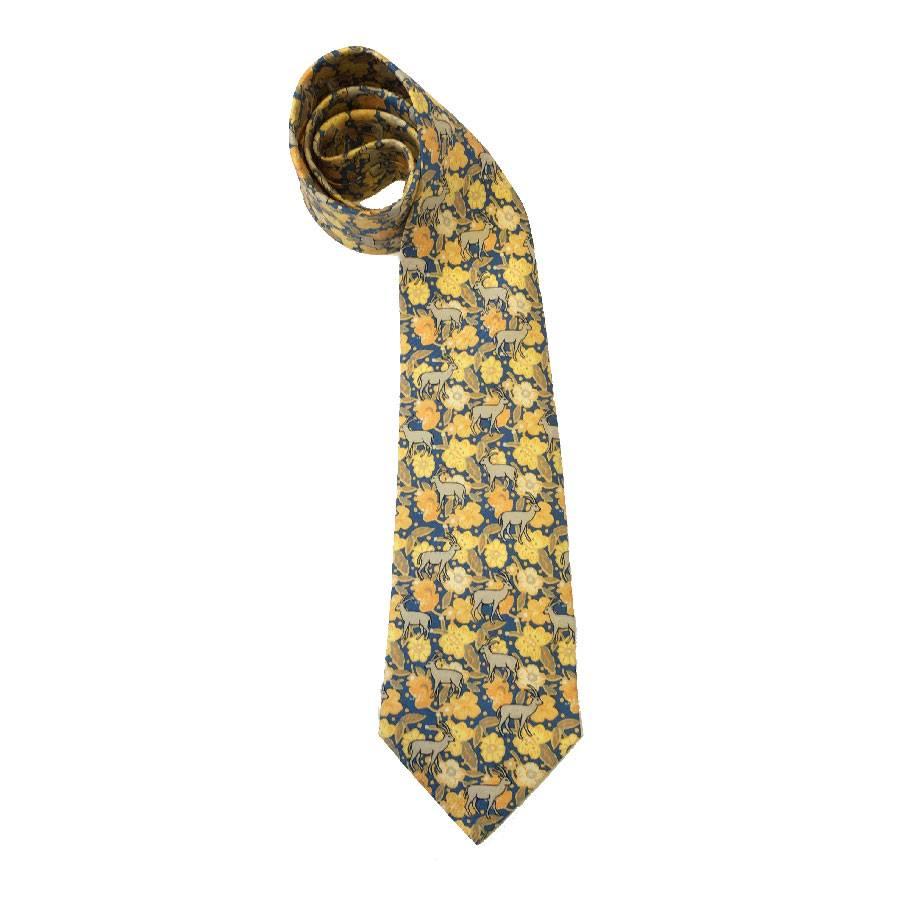 Brown HERMES Vintage Tie in Yellow, Orange and Blue Printed Silk.