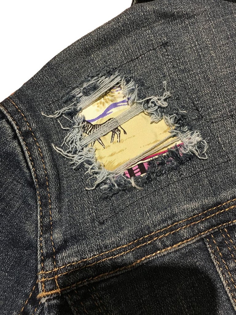 Hermes Vintage Tropiques Silk Scarf Distressed Denim Jacket Medium For Sale at 1stDibs