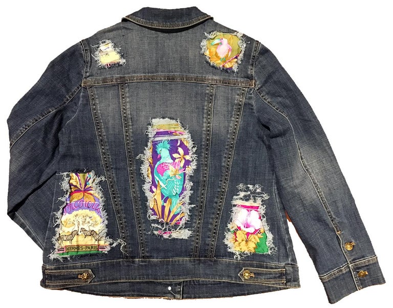 Hermes Vintage Tropiques Silk Scarf Distressed Denim Jacket Medium For Sale at 1stDibs