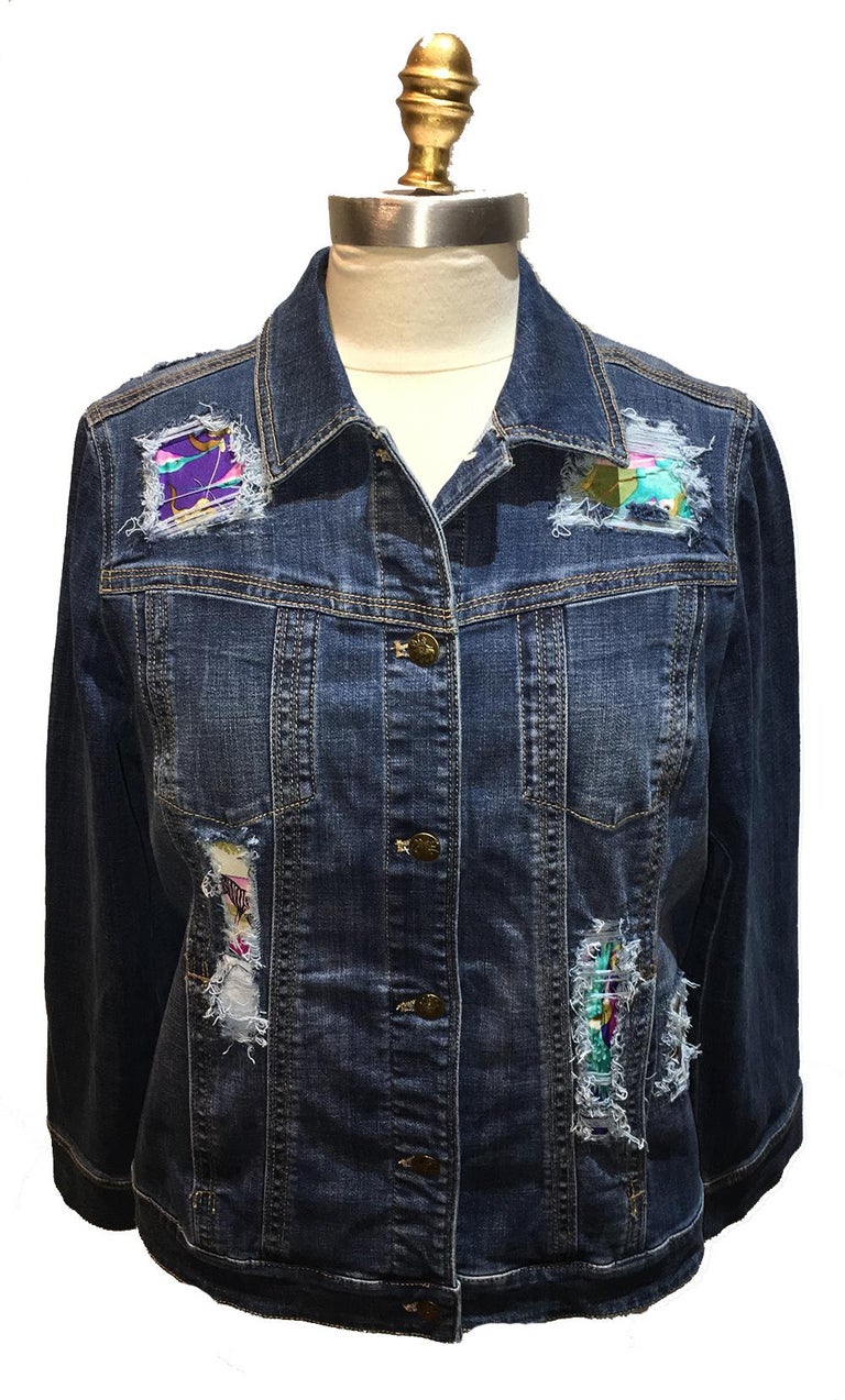 Hermes Vintage Tropiques Silk Scarf Distressed Denim Jacket Medium at