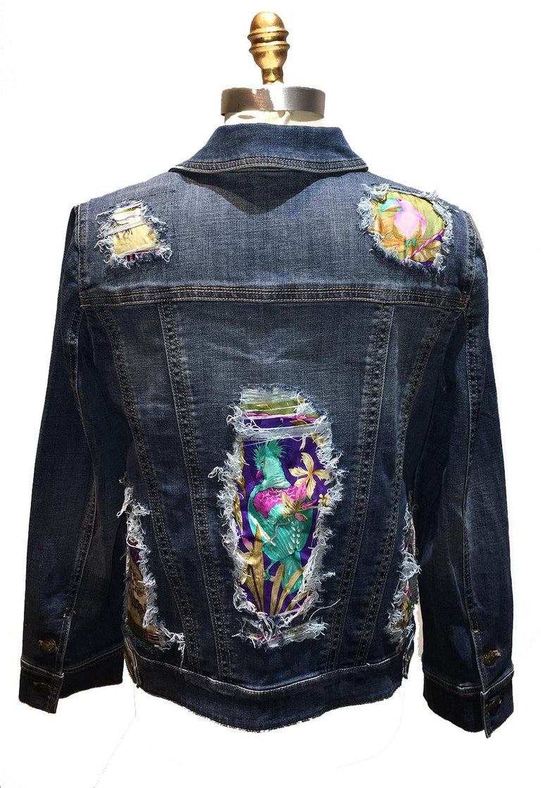 Hermes Vintage Tropiques Silk Scarf Distressed Denim Jacket Medium at 1stDibs hermes denim