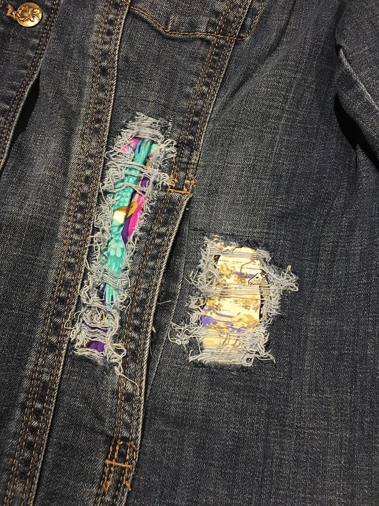 Hermes Vintage Tropiques Silk Scarf Distressed Denim Jacket Medium at 1stDibs hermes denim