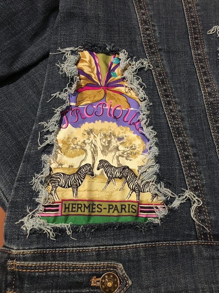 Hermes Vintage Tropiques Silk Scarf Distressed Denim Jacket Medium at 1stDibs hermes denim