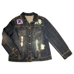 Hermes Vintage Tropiques Silk Scarf Distressed Denim Jacket - Medium