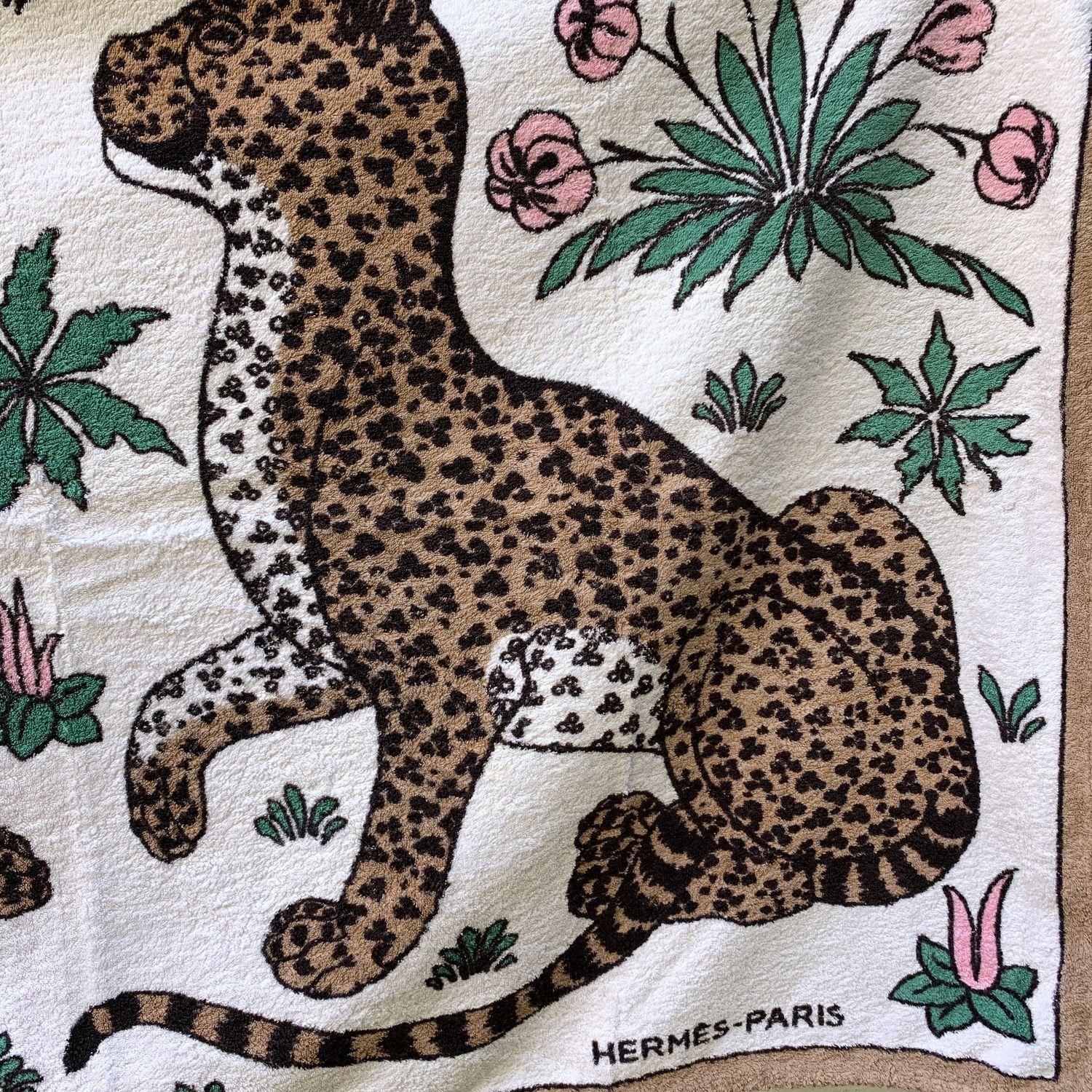 Hermes Vintage White Cotton Leopards Pool Beach Towel 4
