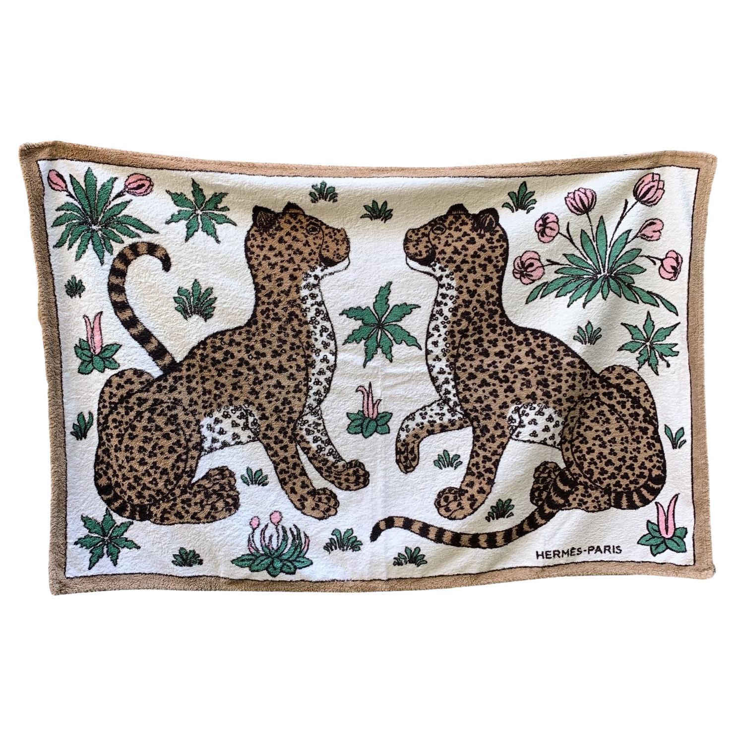 Hermes Vintage White Cotton Leopards Pool Beach Towel