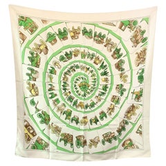 Hermes Vintage White Green Silk Scarf Carrosserie1975 Ledoux