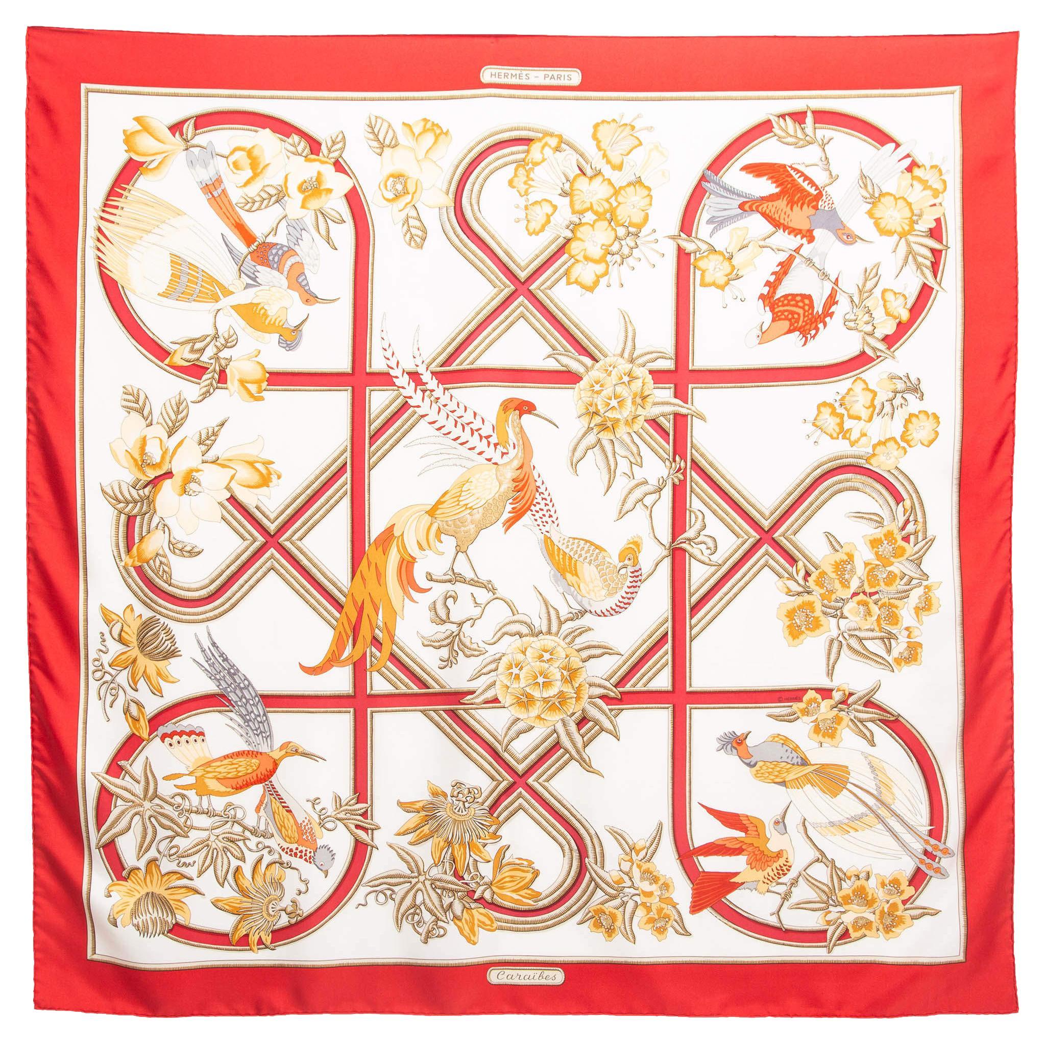 Foulard carré en soie Caraibes imprimé blanc/rouge Hermes Vintage