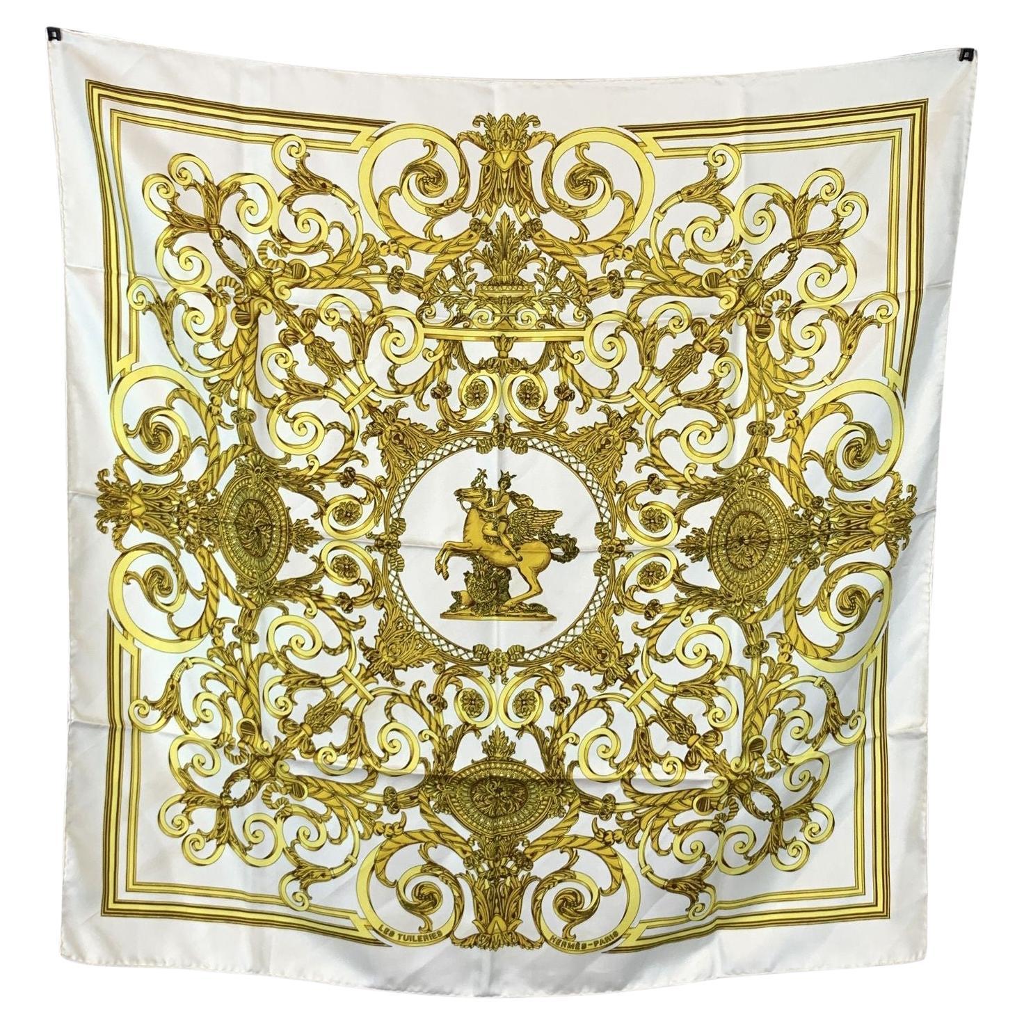 Sciarpa Hermes vintage in seta bianca Les Tuileries 1990 Joachim Metz