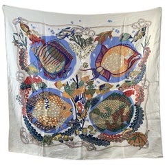 Hermes Vintage White Silk Scarf Grands Fonds 1992 Annie Faivre