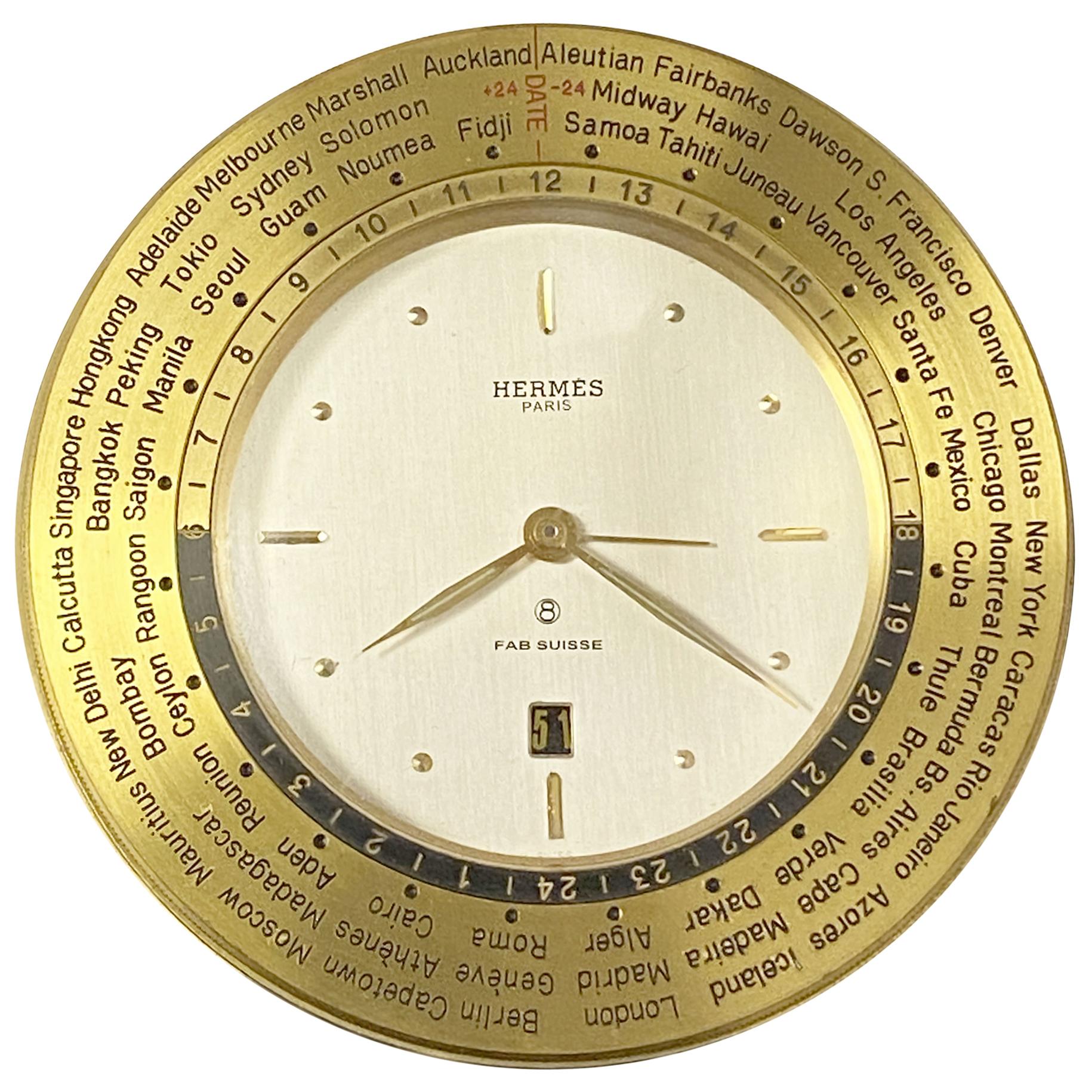 Hermes Vintage World Time Alarm Calendar 8 Day Desk Clock