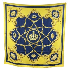 Hermes Vintage Yellow and Blue Silk Scarf Couronnes Crowns 1969 Abadie