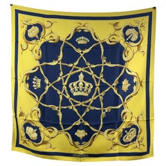 Hermes Vintage Yellow Blue Silk Scarf Couronnes Crowns 1969 Abadie