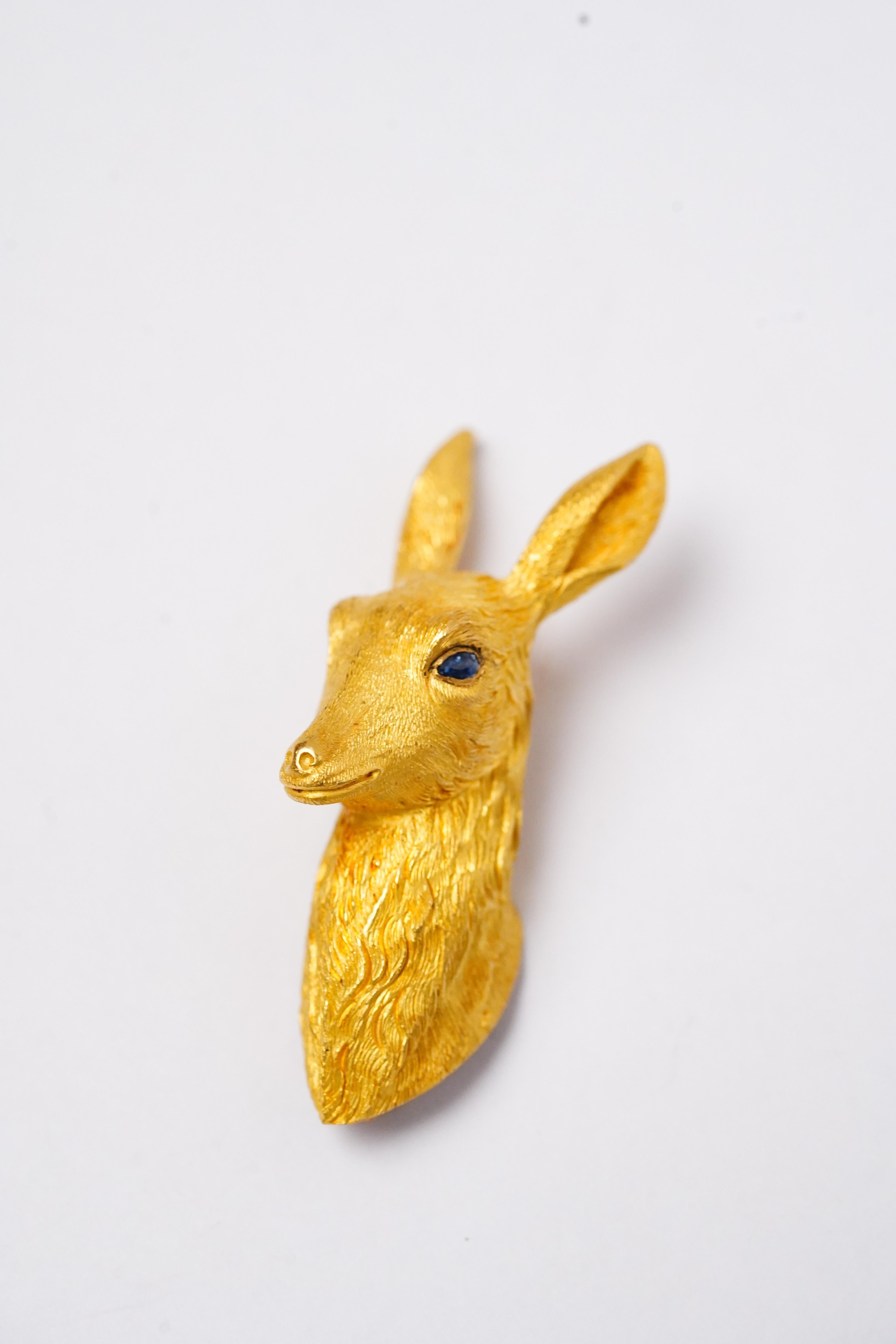 Contemporary Hermes Vintage Yellow Gold Sapphire Deer Brooch by Georges Lenfant For Sale
