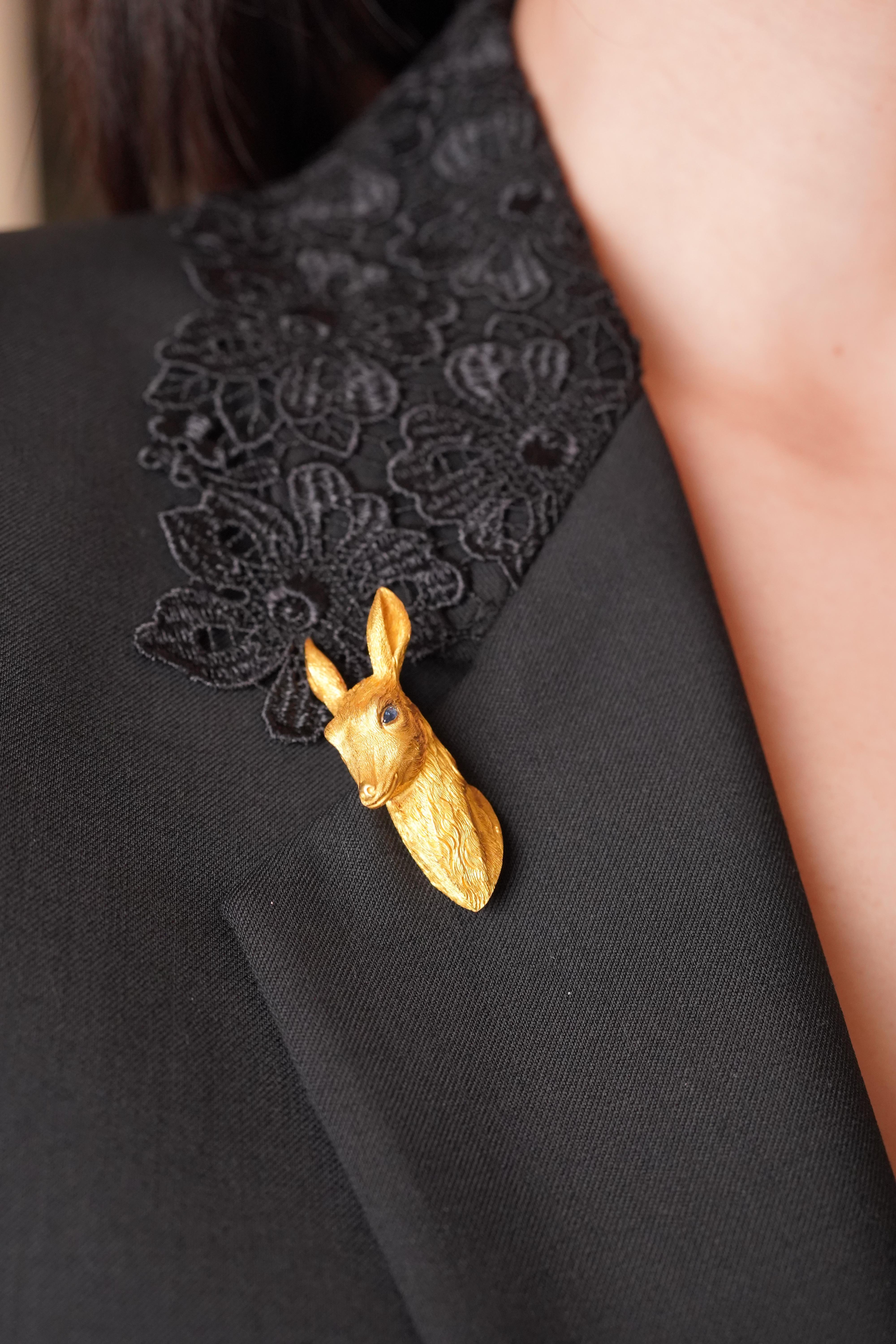 Women's or Men's Hermes Vintage Yellow Gold Sapphire Deer Brooch by Georges Lenfant For Sale