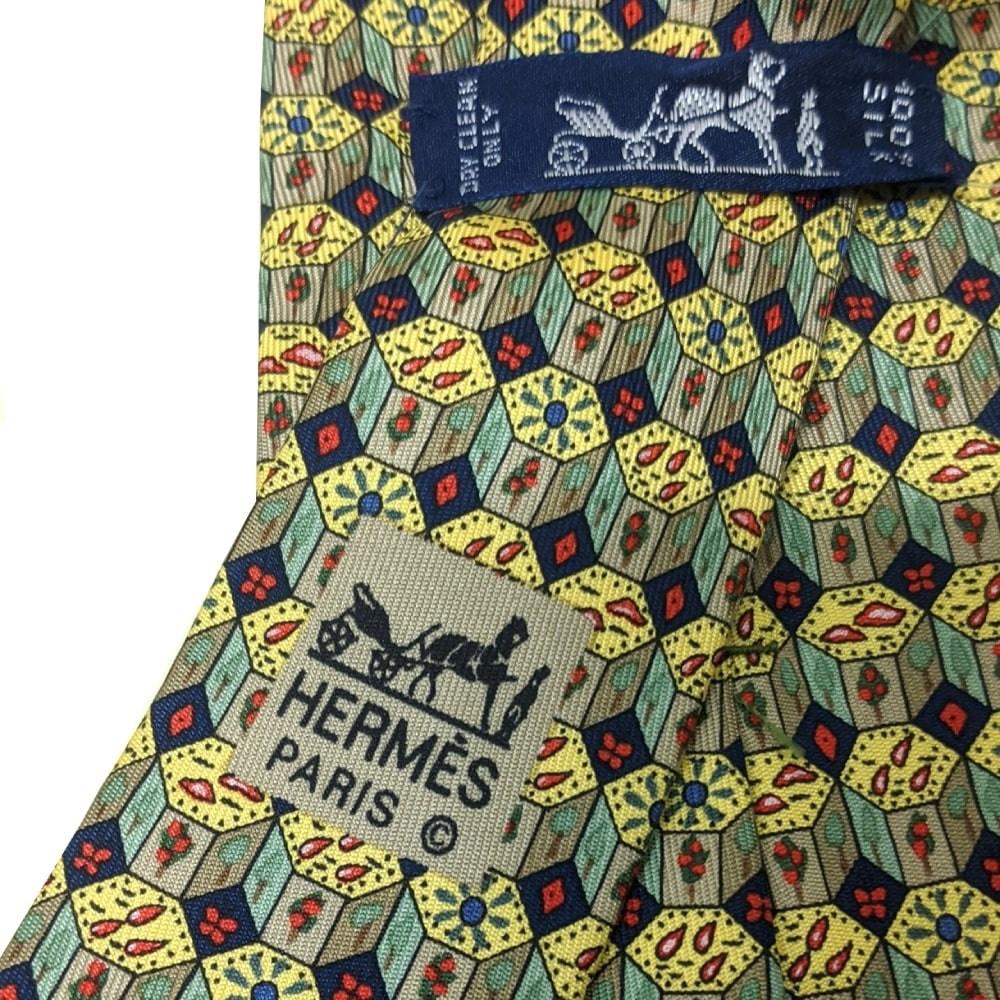 Men's Hermès Vintage yellow silk 2000s tie with multicolor geometric pattern