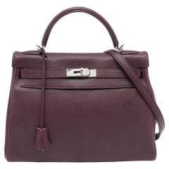 Borsa Kelly 32 Hermes Violet Chevre de Coromandel in pelle placcata Palladio