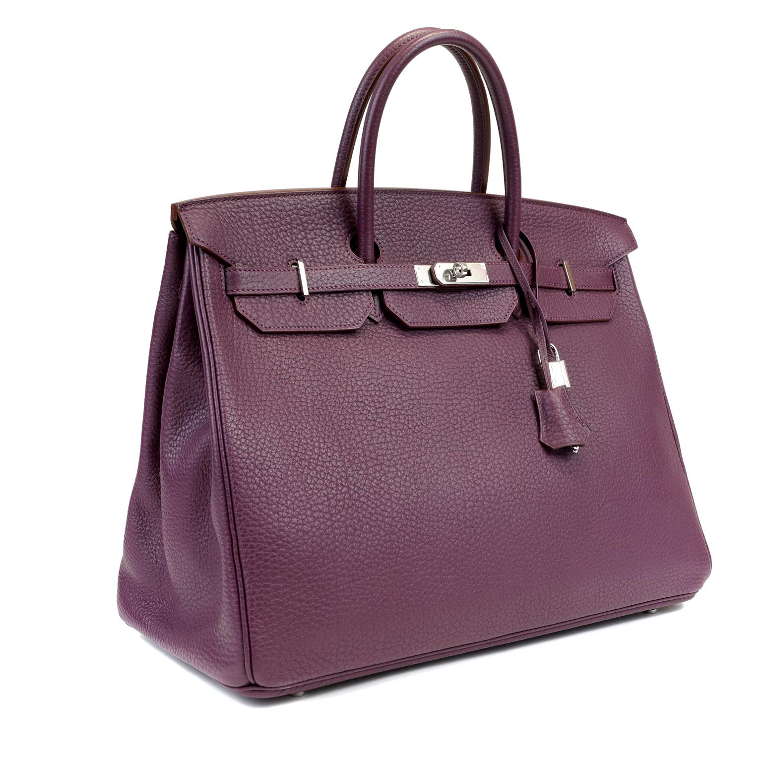 This authentic Hermès Violet Clemence 50 cm Birkin is in pristine condition with the protective plastic intact on the Palladium hardware. Hermès bags are considered the ultimate luxury item the world over.  Hand stitched by skilled craftsmen, wait