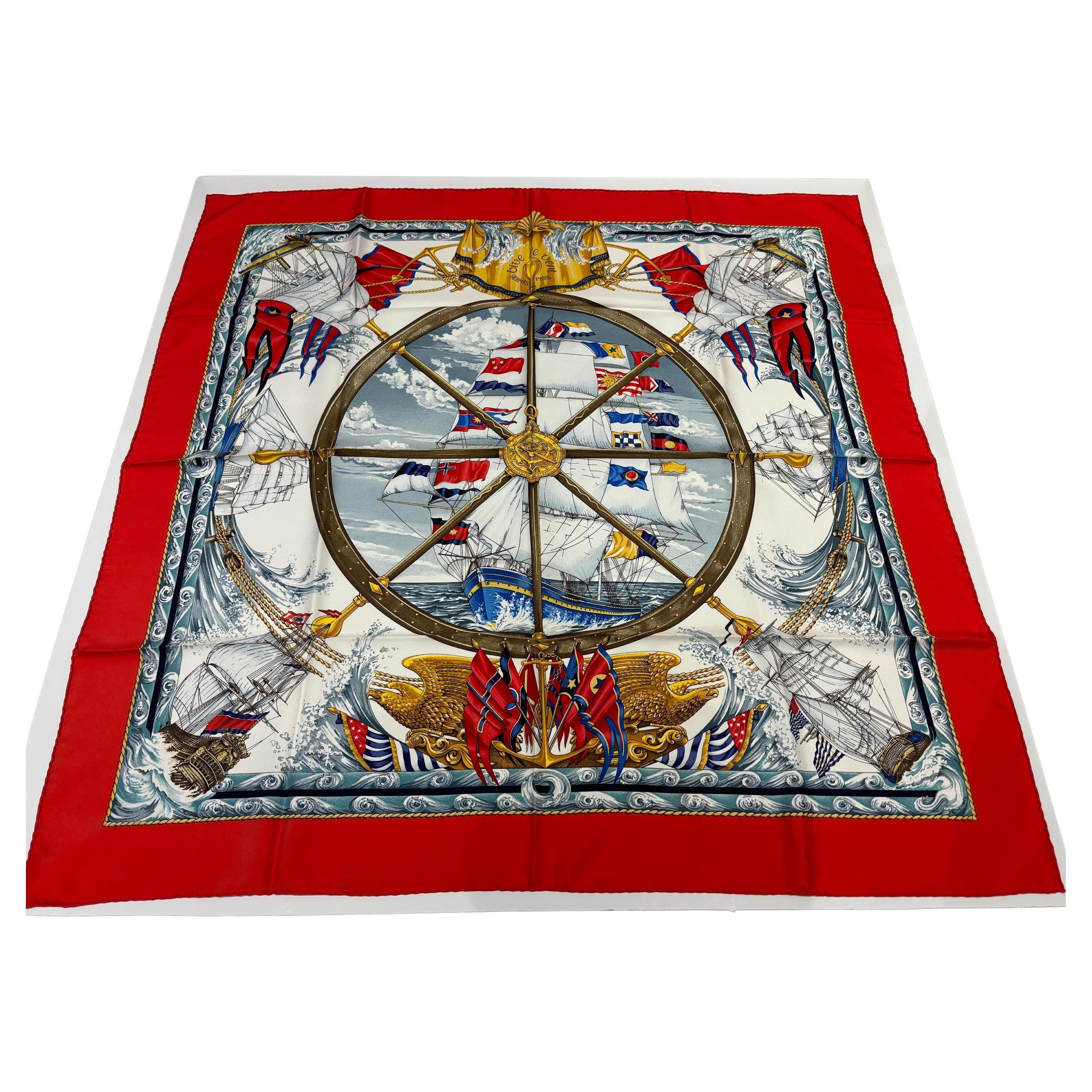 Hermes "Vive le Vent" Silk Twill Scarf 1992. 35" square or 90cm square For Sale
