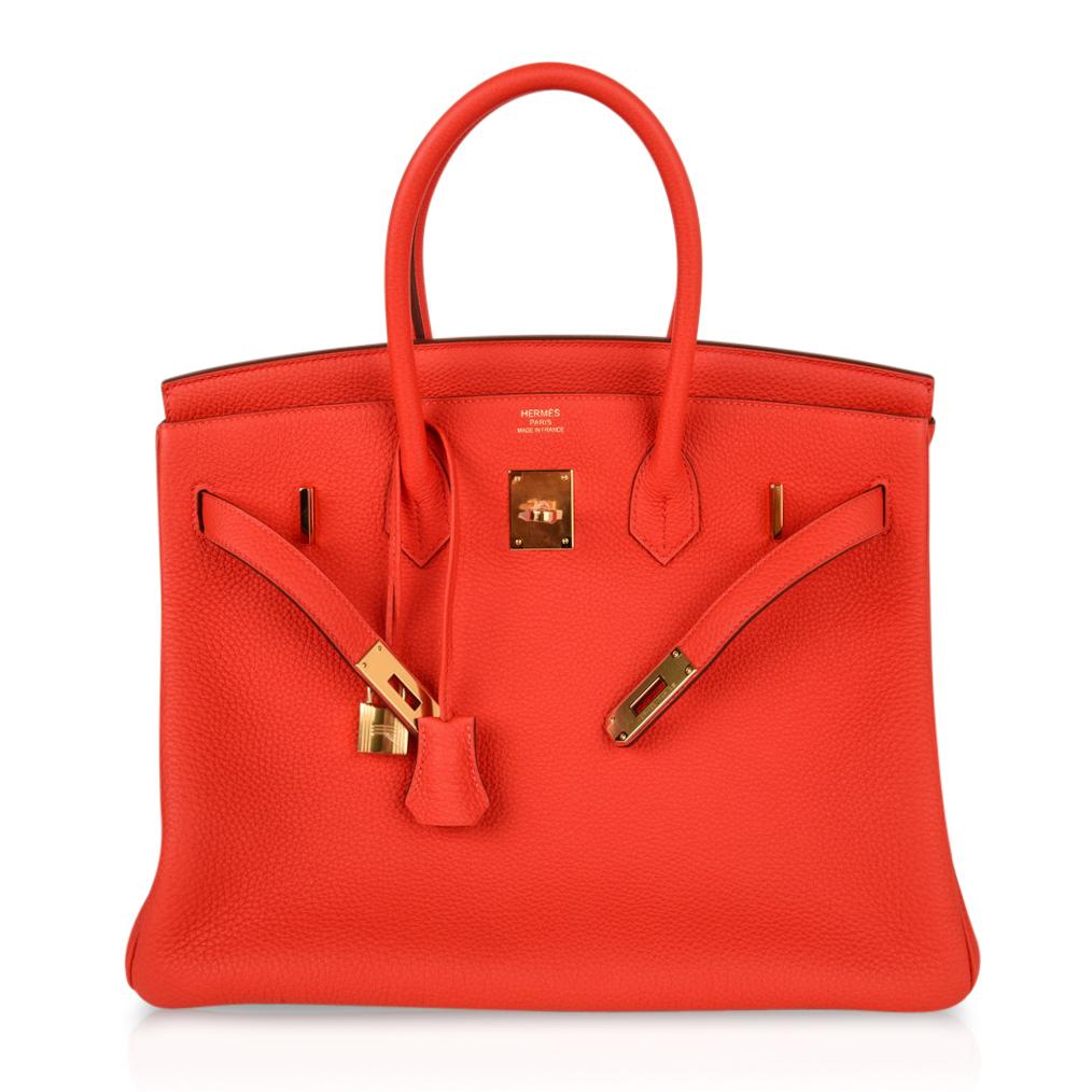 Women's or Men's Hermes Vivid Capucine Red Togo Gold Hardware Birkin 35 Bag 