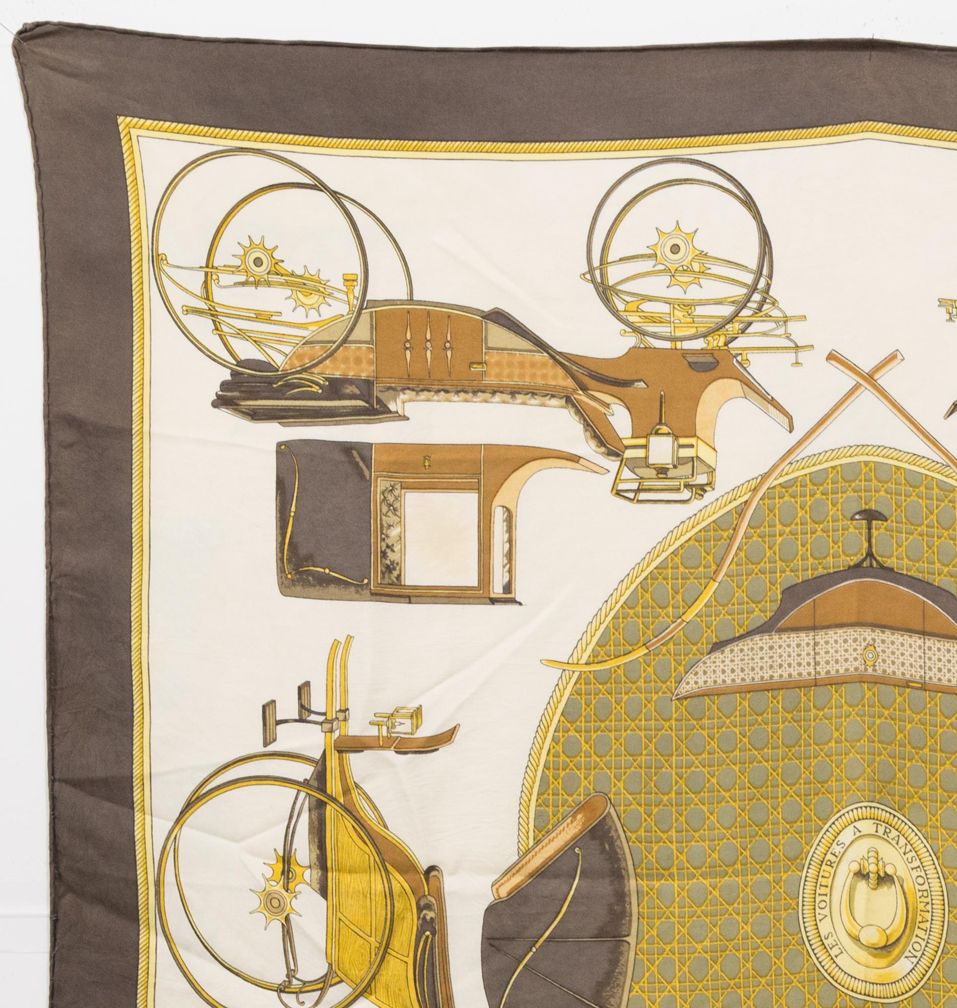 Brown Hermes Voitures a Transformations by F de la Perriere Silk Scarf For Sale