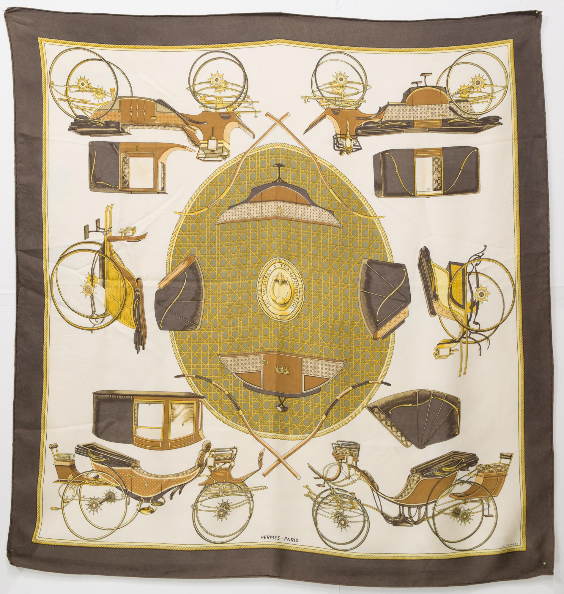 Hermes Voitures a Transformations by F de la Perriere Silk Scarf For Sale 2