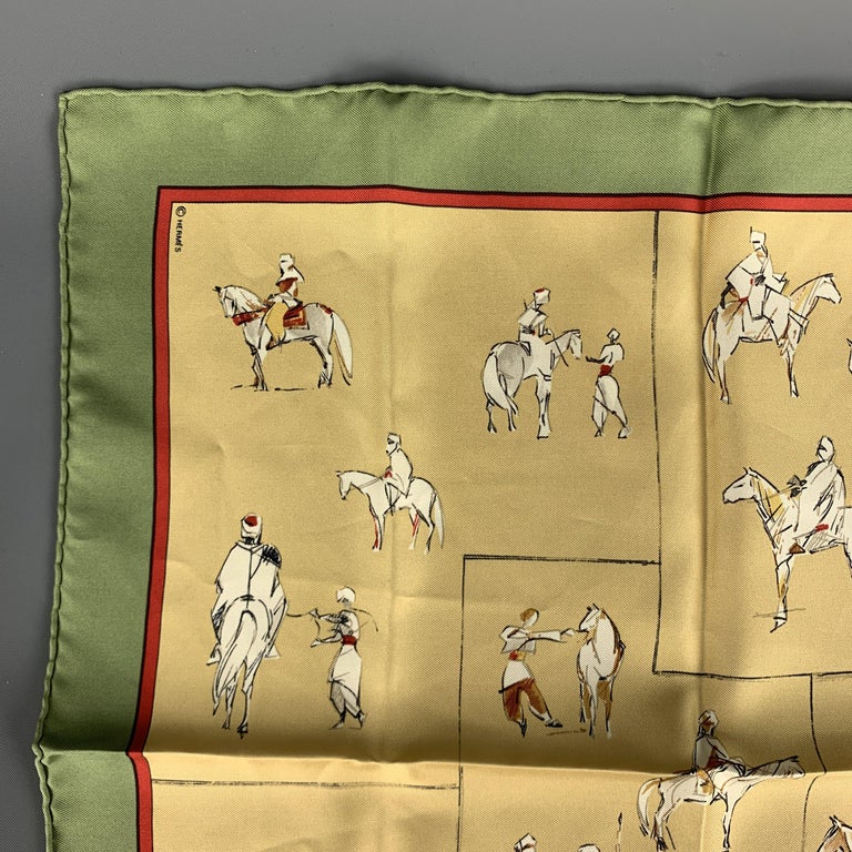 HERMES Voyage au Niger Olive and Gold Silk Pocket Square at 1stDibs