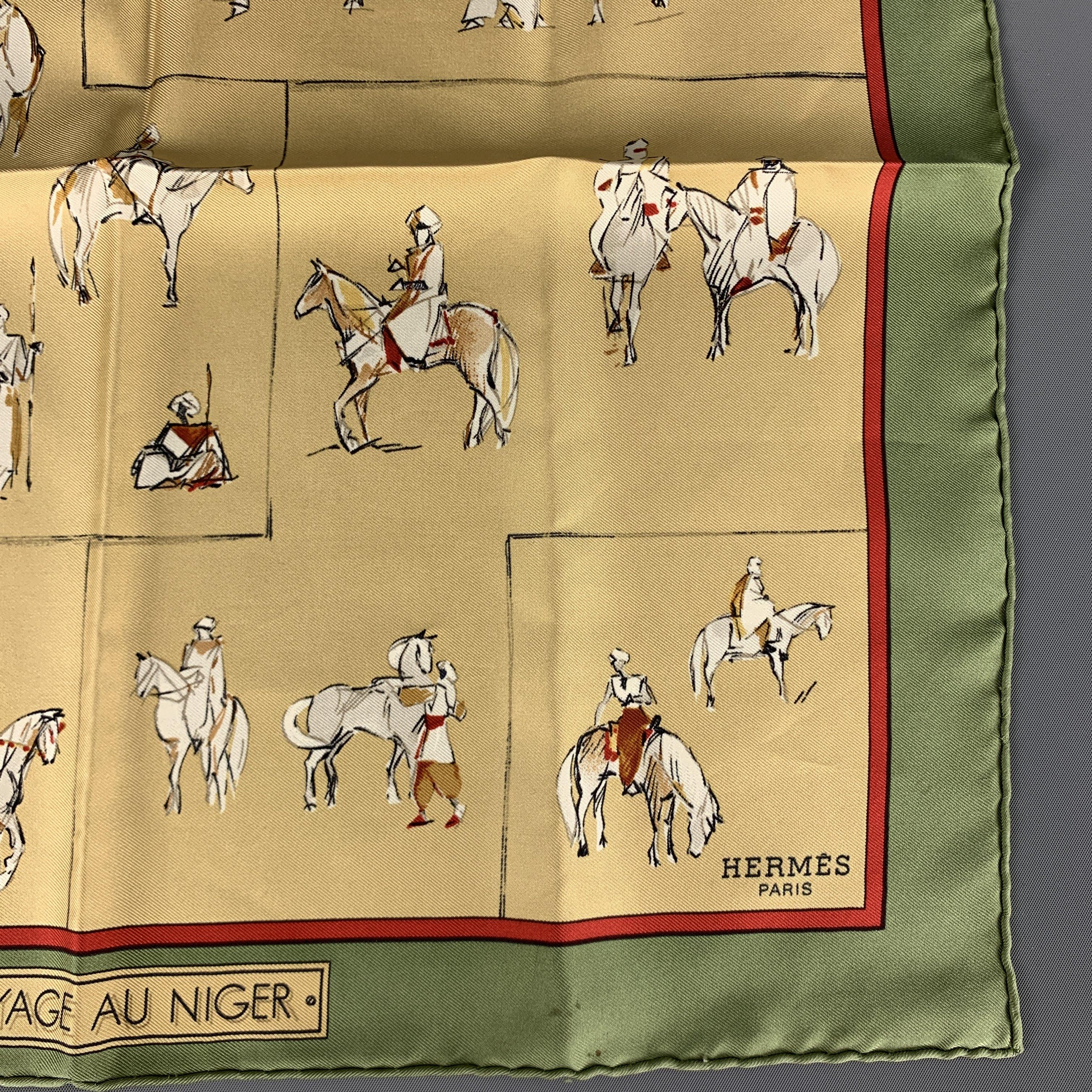Men's HERMES Voyage au Niger Olive & Gold Silk Pocket Square