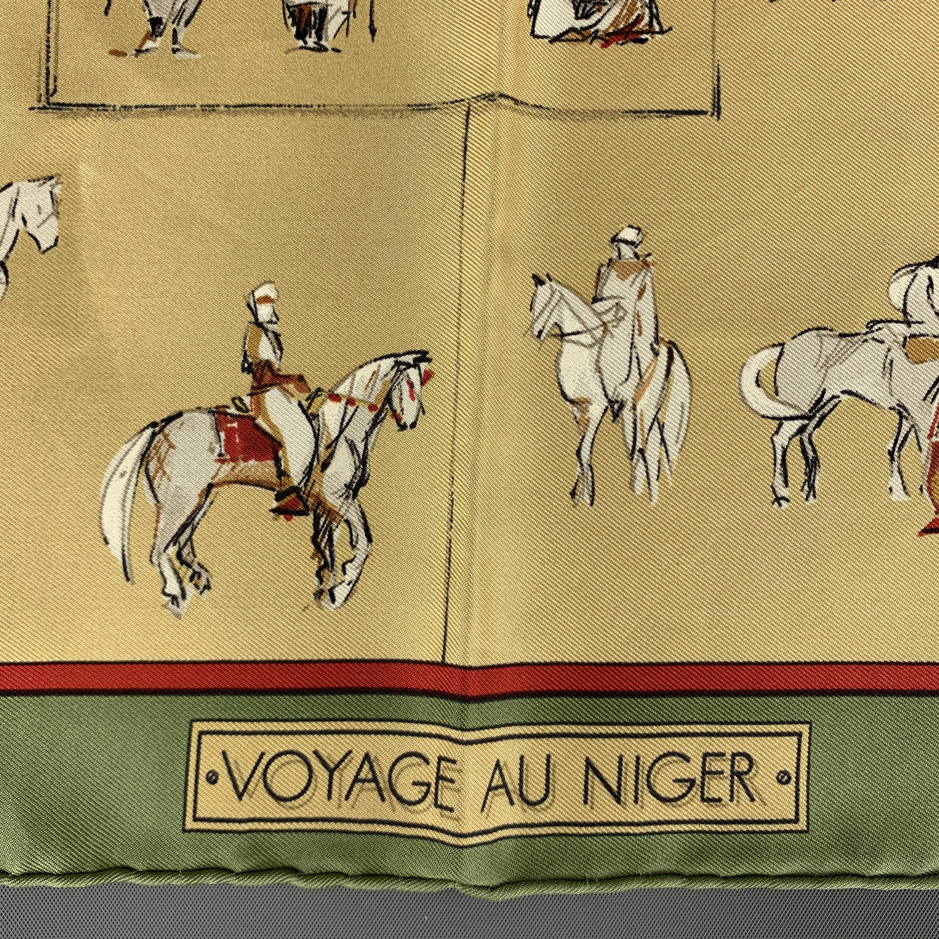 HERMES Voyage au Niger Olive & Gold Silk Pocket Square 1