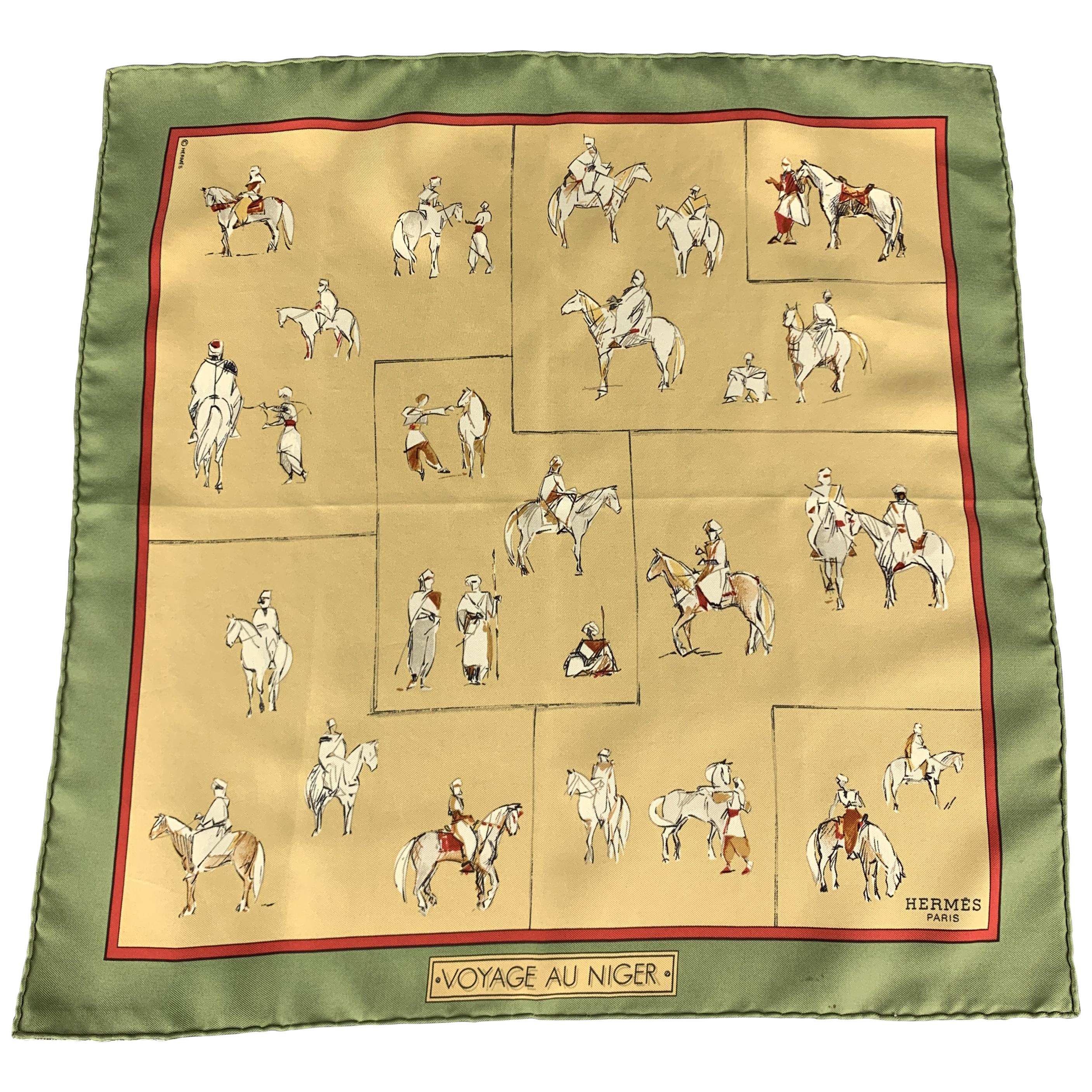 HERMES Voyage au Niger Olive 
Gold Silk Pocket Square