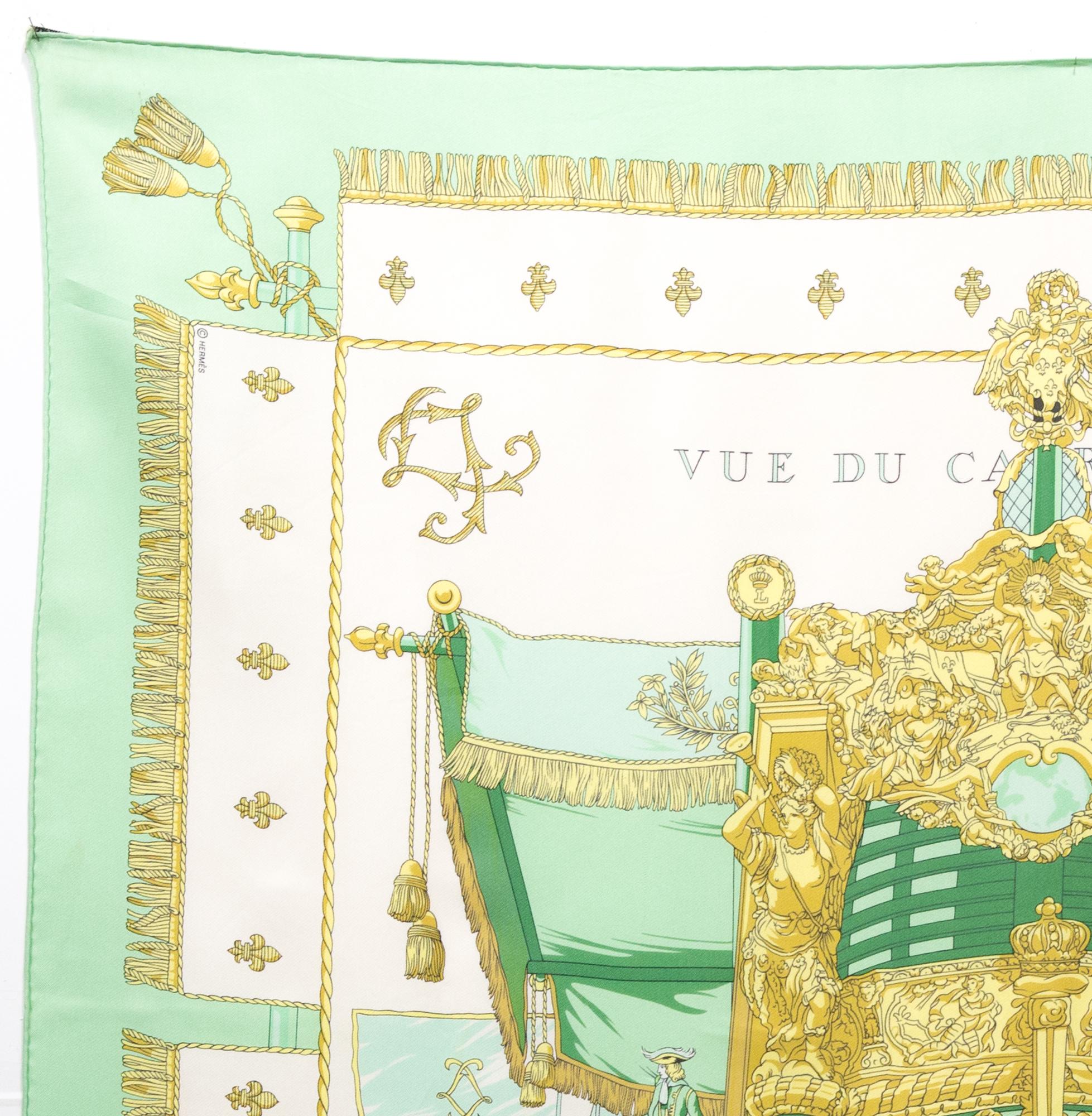 Hermes silk scarf « Vue du Carrosse La Galère La Réale » by Hugo Grygkar featuring a light green border and a Hermès signature. Circa 1992
designed in 1953 
In good vintage condition. Made in France.
35,4in. (90cm)  X 35,4in. (90cm)
We guarantee you