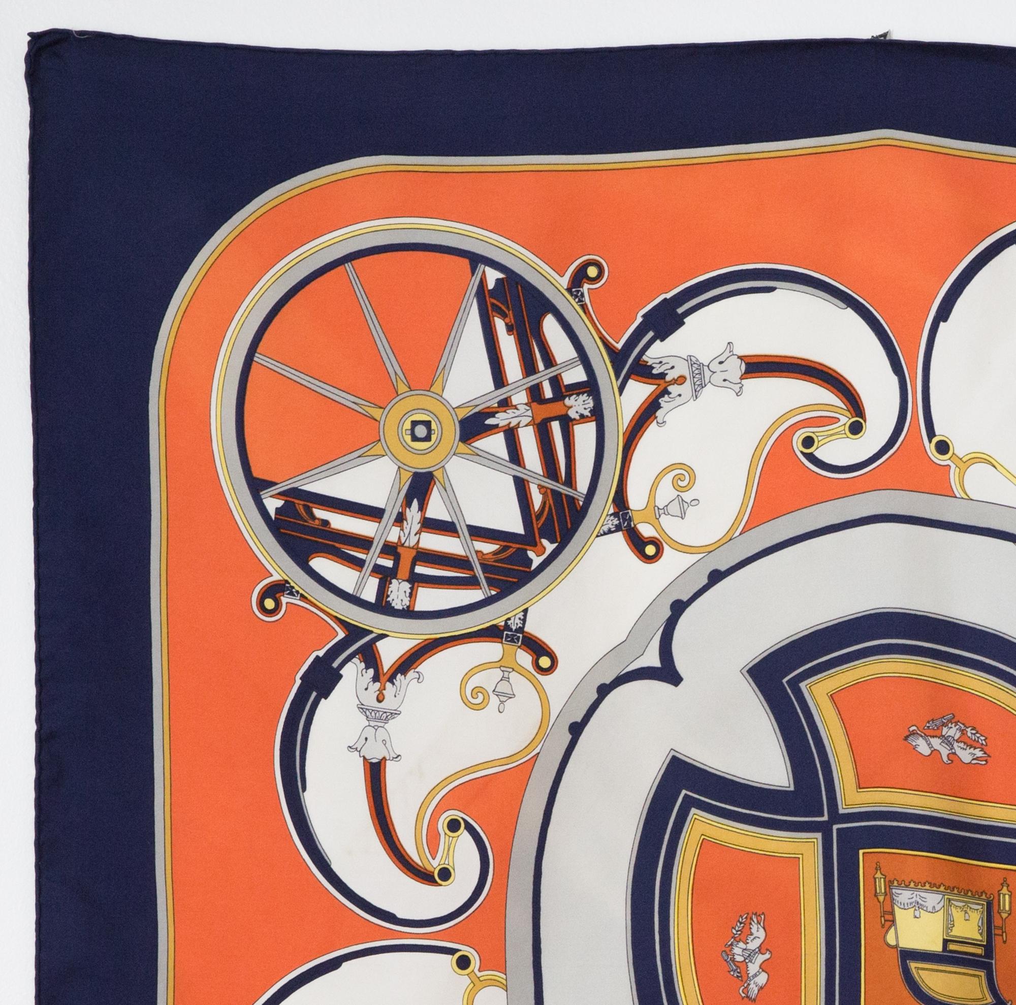 Hermes silk scarf Washington Carriage by Caty Latham featuring a navy border and a Hermes signature.
First edition: 1981
In good vintage condition. Made in France.
35,4in. (90cm)  X 35,4in. (90cm)
We guarantee you will receive this  iconic item as