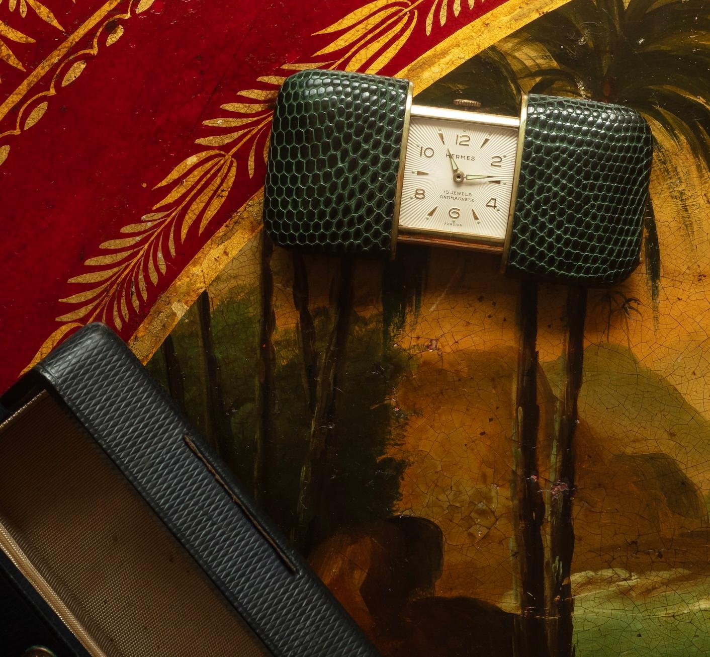 Hermes-Uhr, 15 Jewels Antimagnetic, in grünem Eidechsenlederetui. im Zustand „Gut“ im Angebot in London, GB