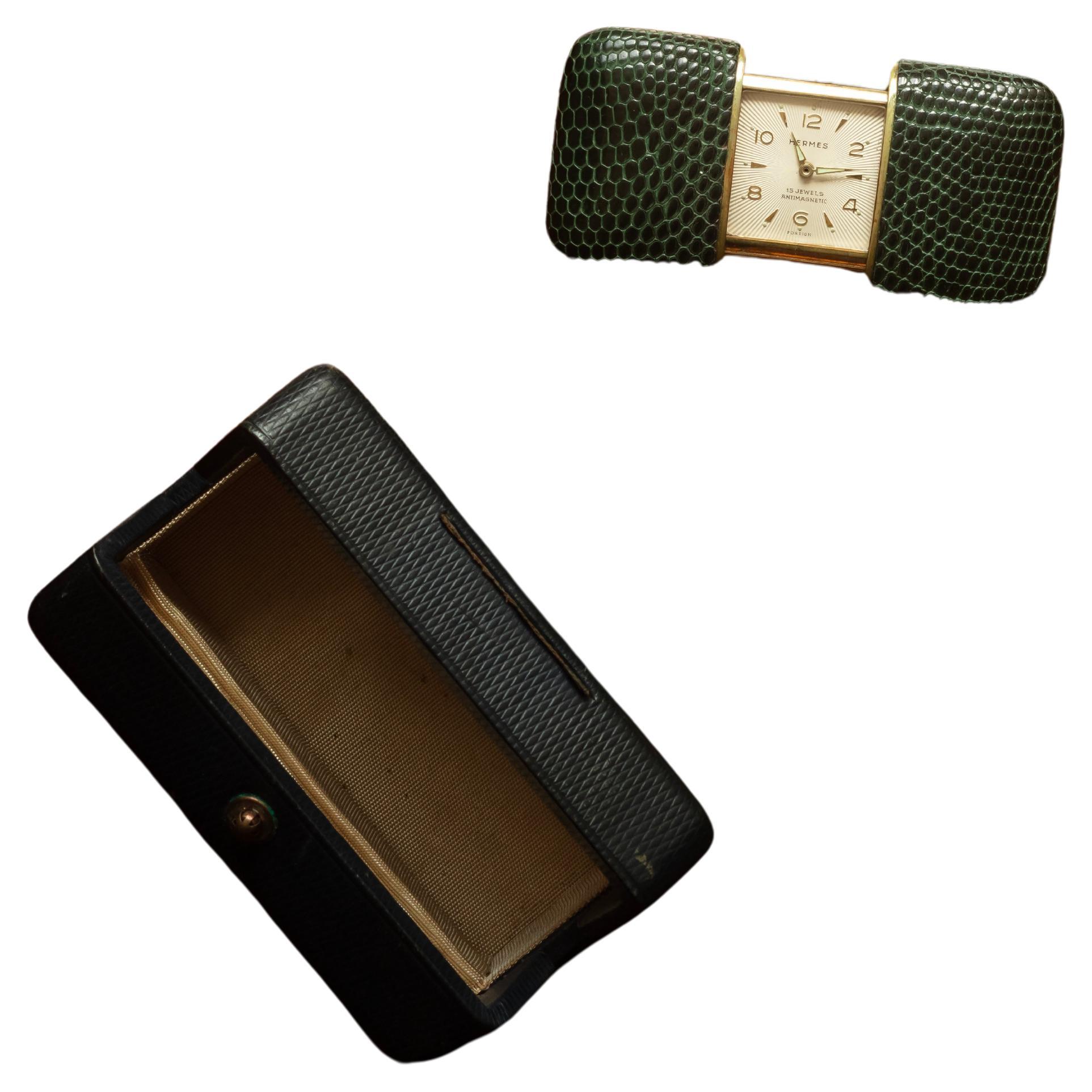 Hermes watch, 15 Jewels Antimagnetic, in green lizard leather case. For Sale