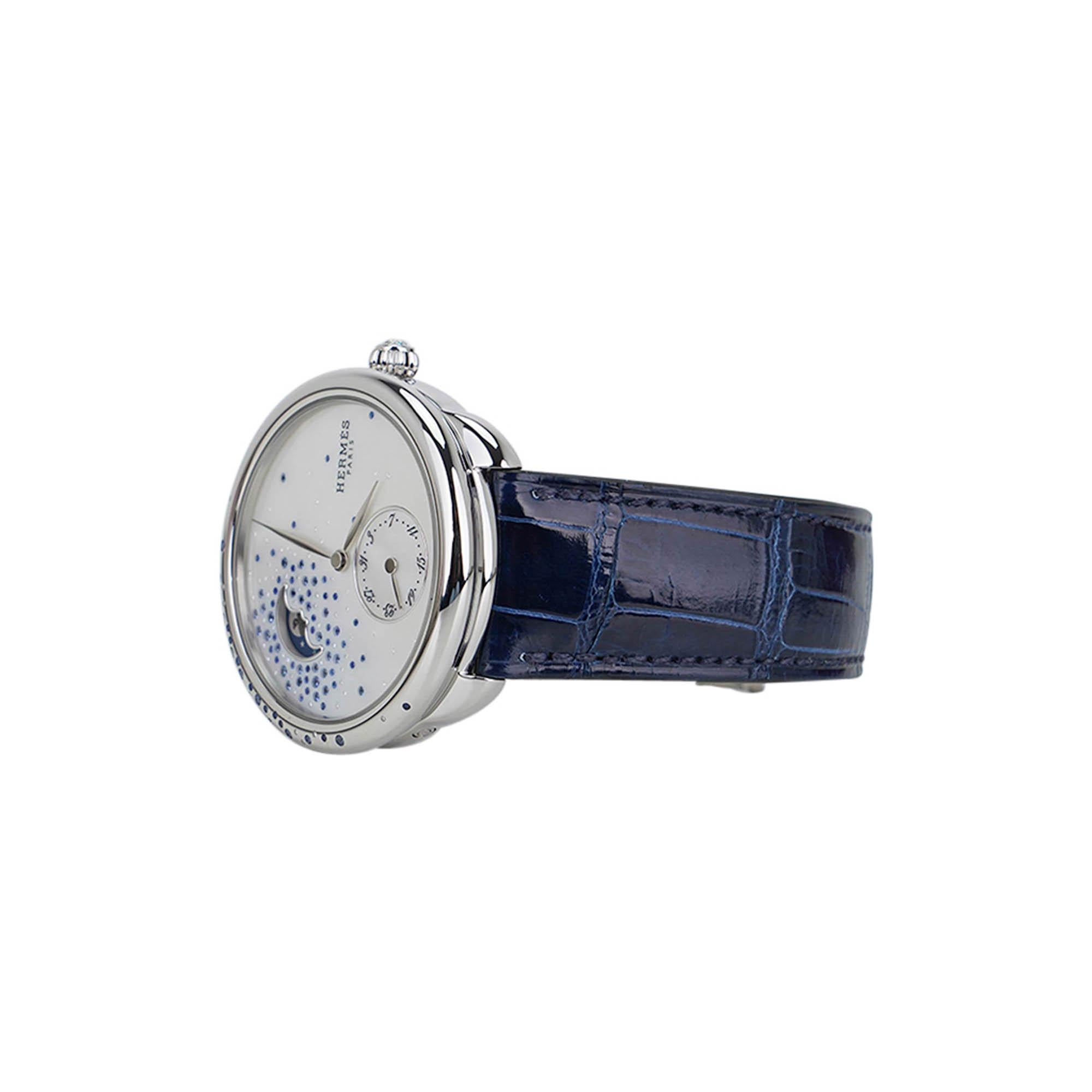 Hermes Watch Arceau Petite Lune Large Model 38 mm Moon Phase Sapphires Diamonds For Sale 2