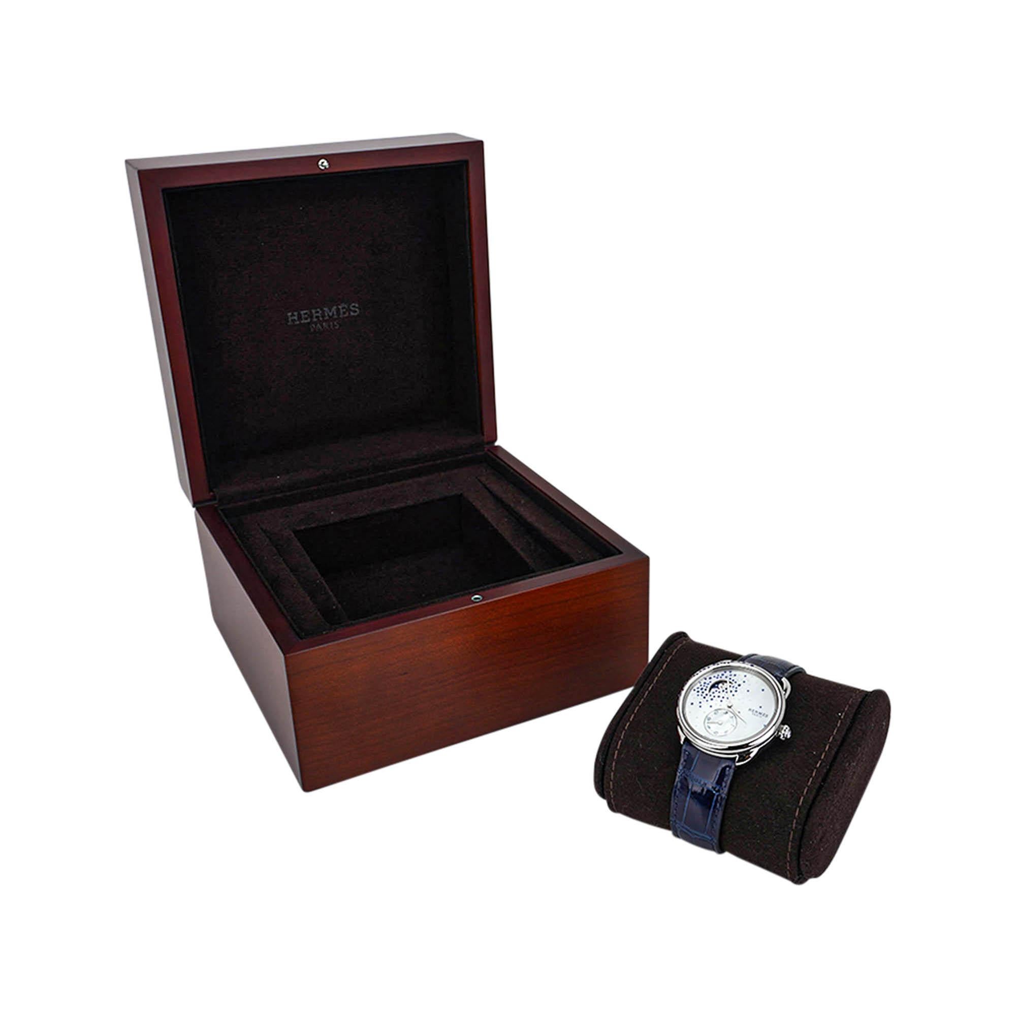 Hermes Watch Arceau Petite Lune Large Model 38 mm Moon Phase Sapphires Diamonds For Sale 7