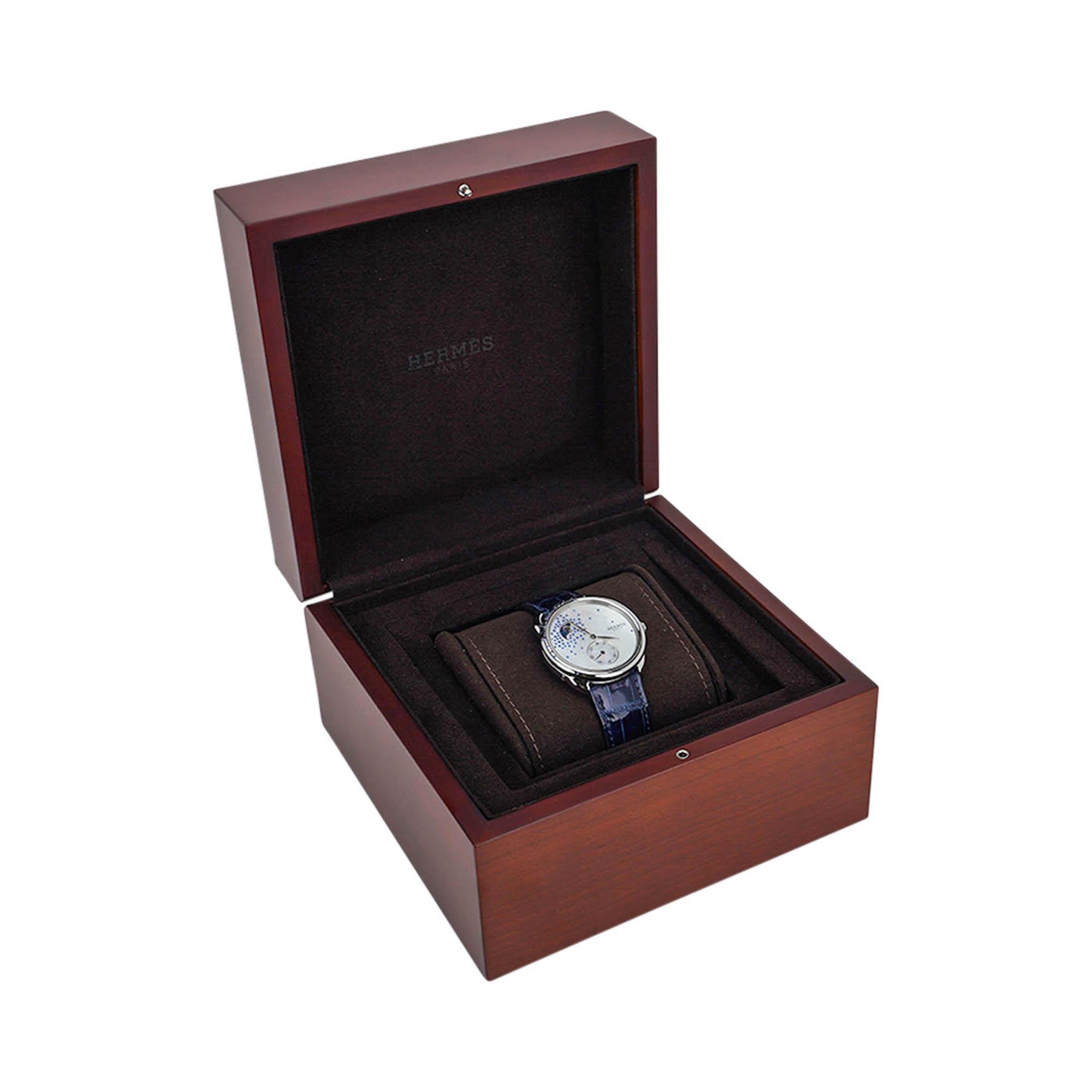 Hermes Watch Arceau Petite Lune Large Model 38 mm Moon Phase Sapphires Diamonds For Sale 11