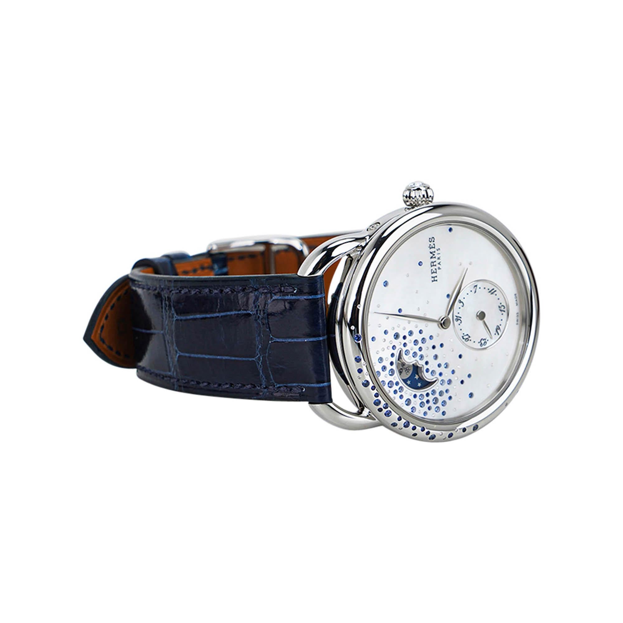 Hermes Uhr Arceau Petite Lune Großes Modell 38 mm Mondphase Saphire Diamanten (Brillantschliff) im Angebot