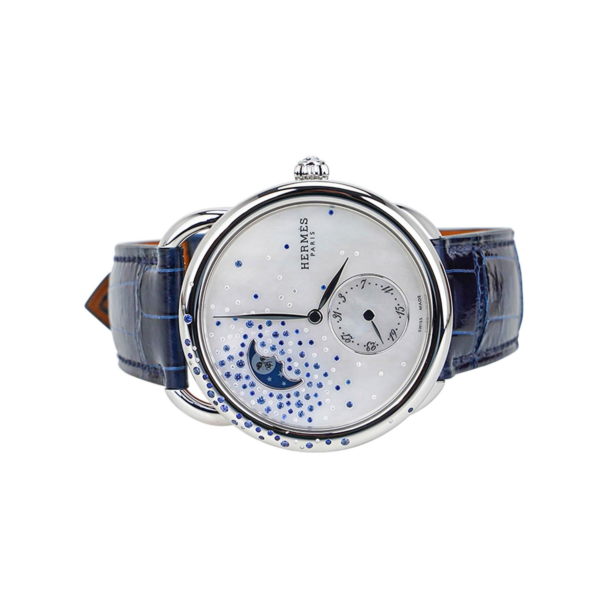 Hermes Uhr Arceau Petite Lune Großes Modell 38 mm Mondphase Saphire Diamanten im Zustand „Neu“ im Angebot in Miami, FL