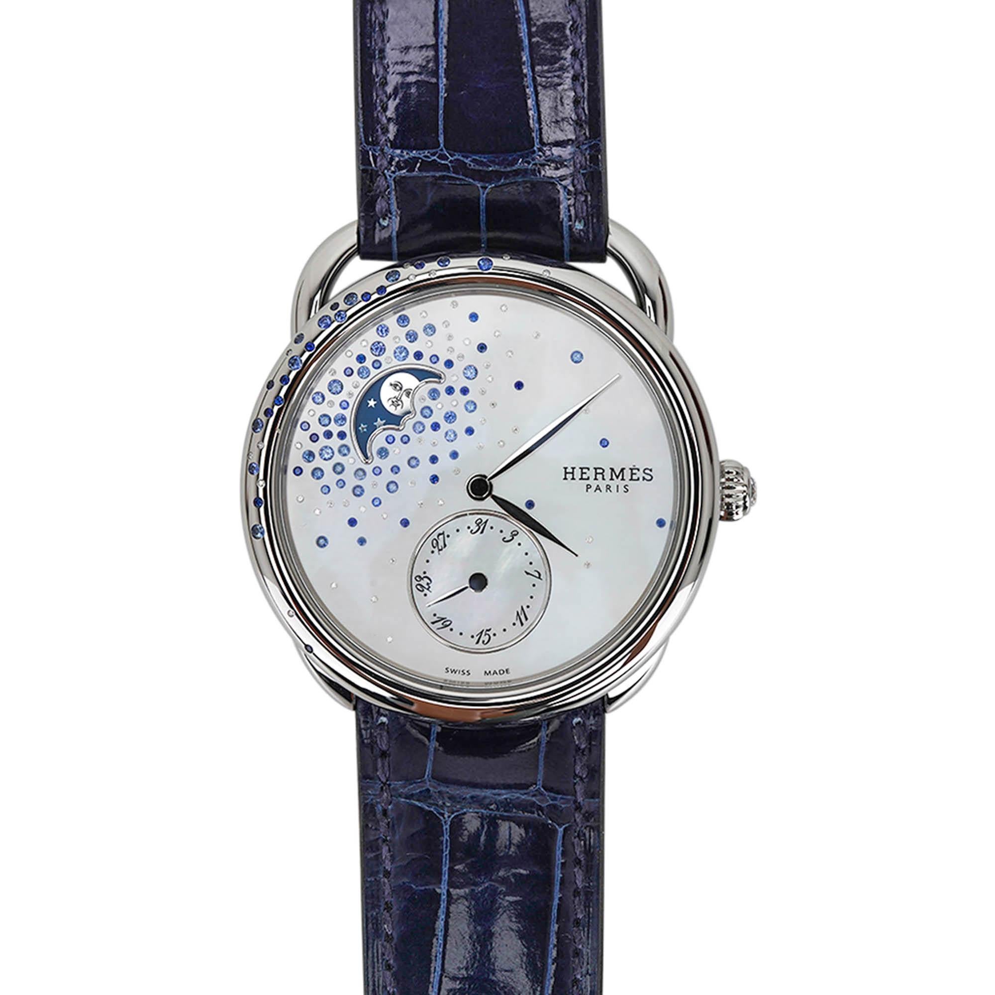 Hermes Uhr Arceau Petite Lune Großes Modell 38 mm Mondphase Saphire Diamanten Damen im Angebot
