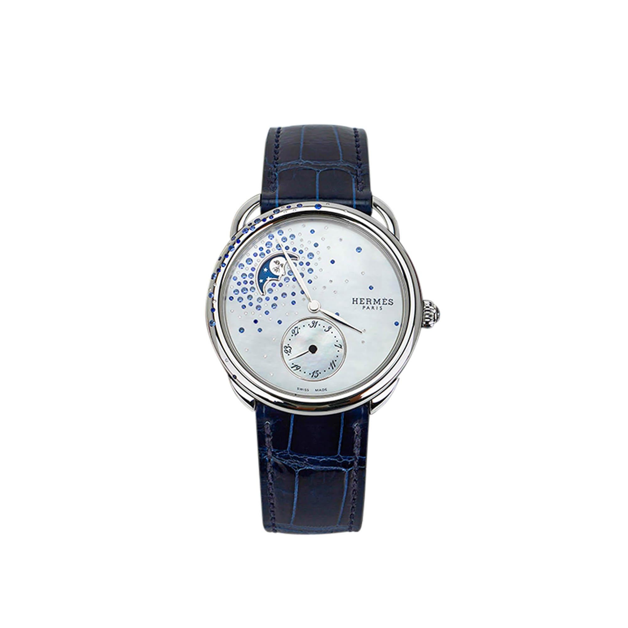 Brilliant Cut Hermes Watch Arceau Petite Lune Large Model 38 mm Moon Phase Sapphires Diamonds For Sale