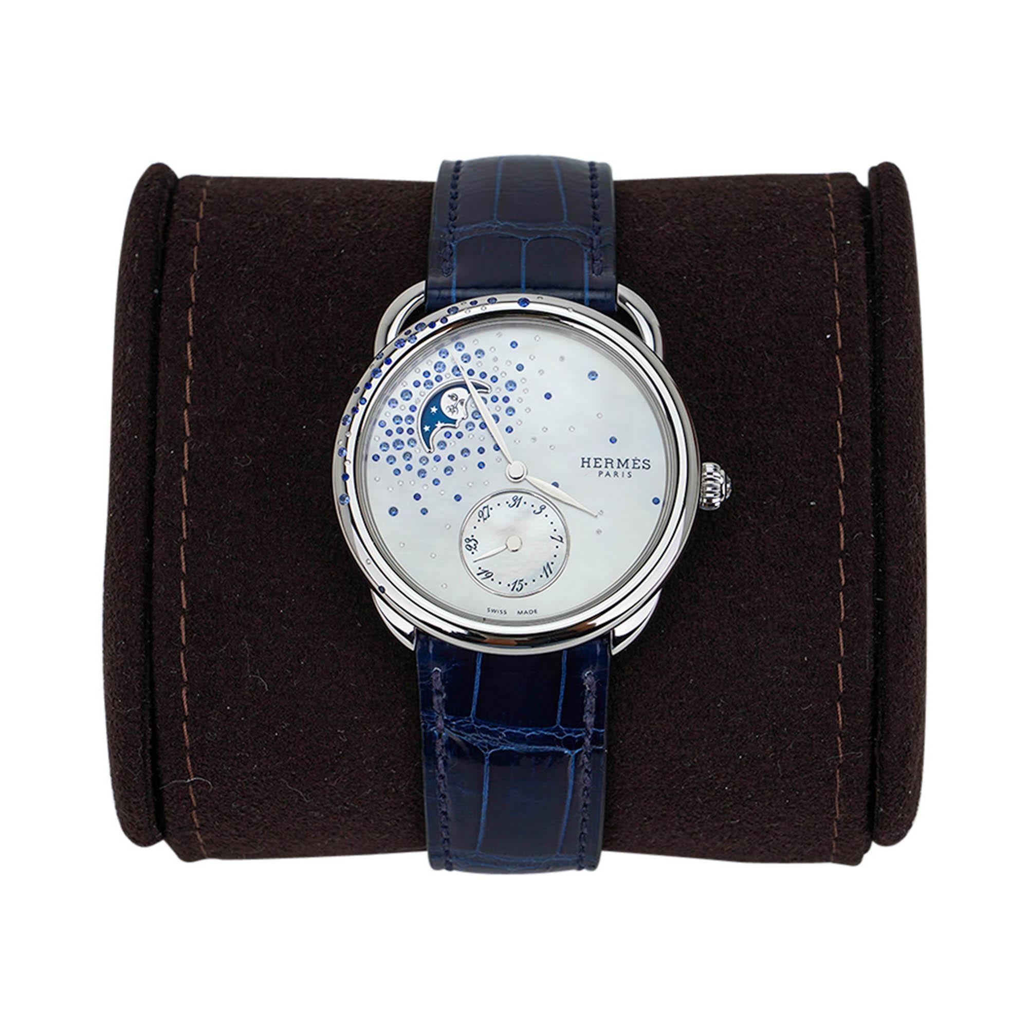 Women's Hermes Watch Arceau Petite Lune Large Model 38 mm Moon Phase Sapphires Diamonds For Sale