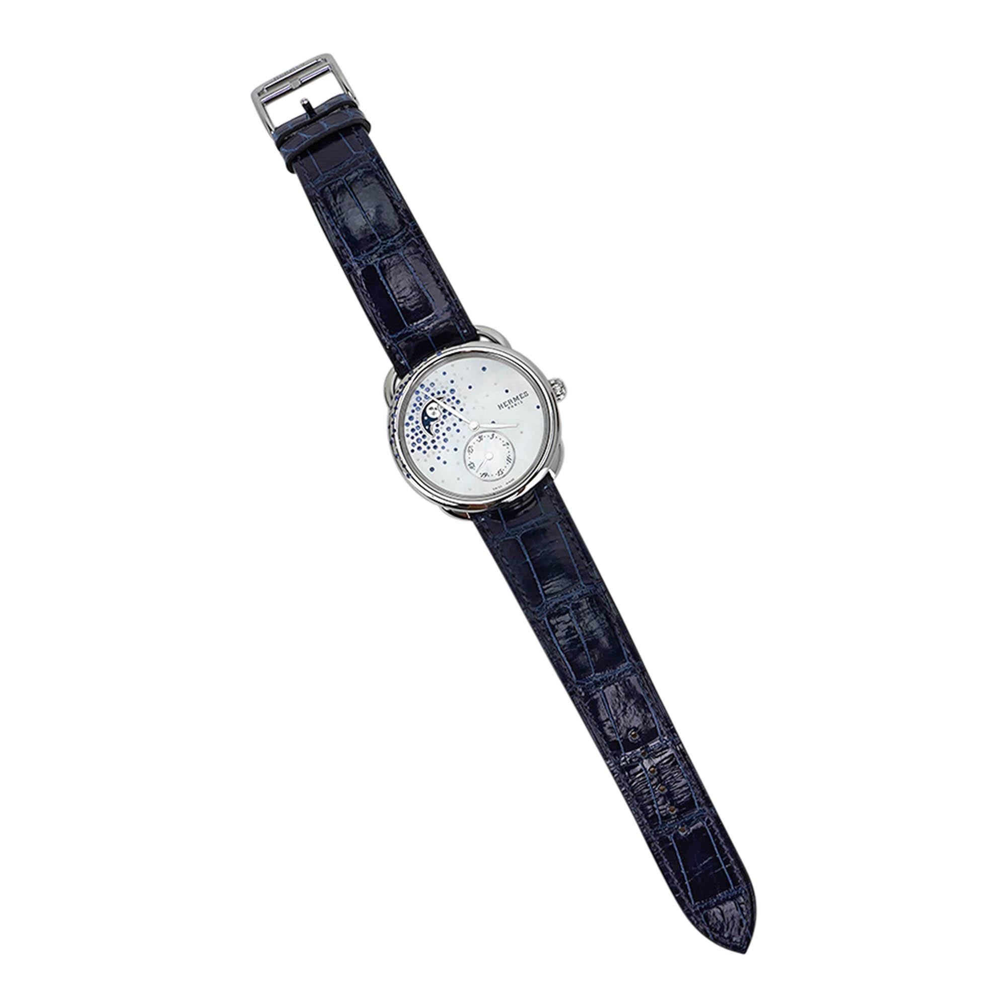 Hermes Watch Arceau Petite Lune Large Model 38 mm Moon Phase Sapphires Diamonds For Sale 1